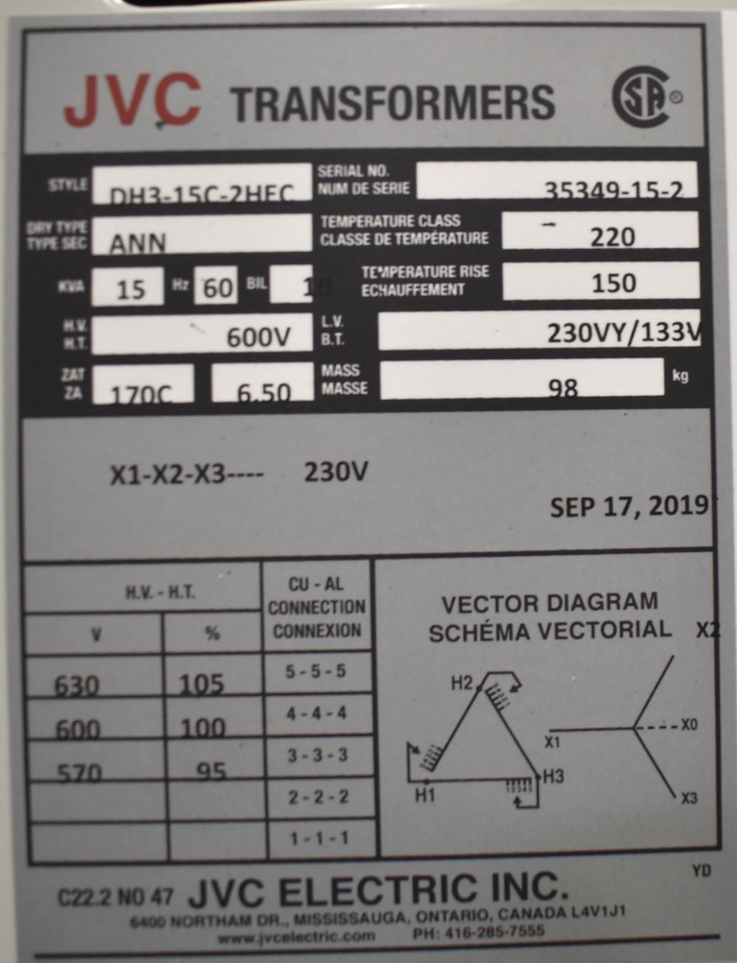 JVC TRANSFORMER 15 KVA, 600V HV, 230VY/133V LV, SINGLE PHASE (CI) - Image 2 of 2