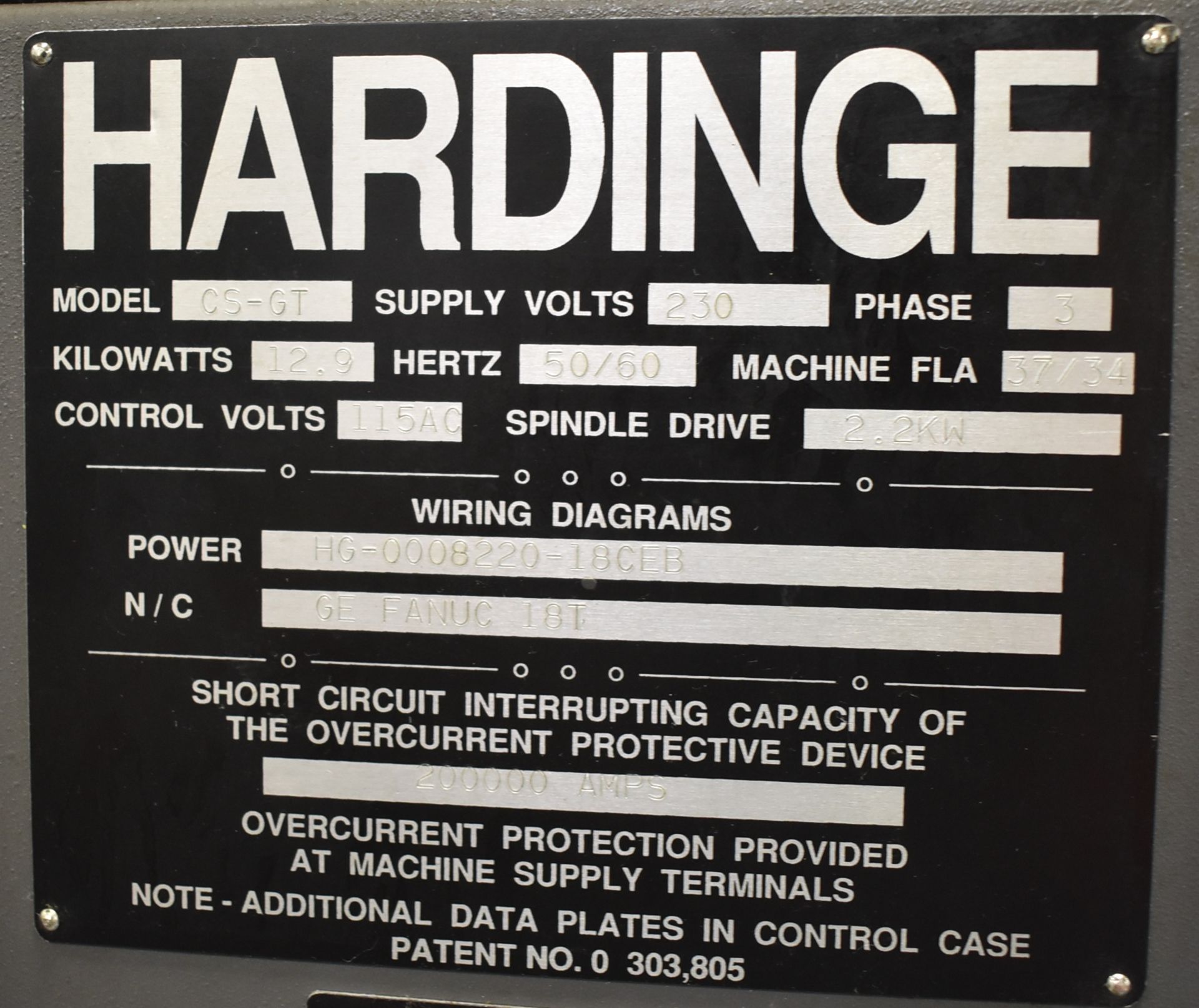 HARDINGE CS-GT CNC LATHE WITH GE FANUC SERIES 18-T CNC CONTROL, 11.76" SWING, 9" MAX. TURNING - Image 7 of 7