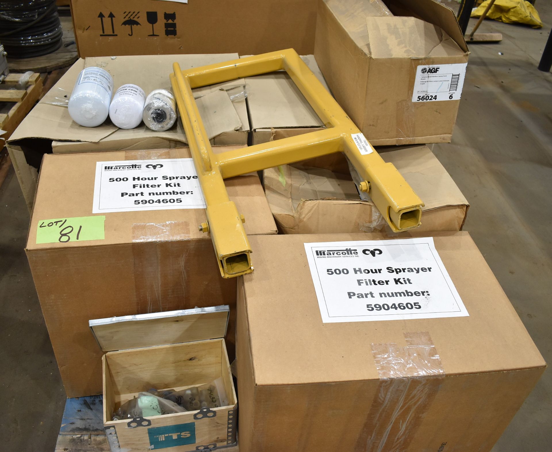 LOT/ CONTENTS OF SKID - (2) 500 HOUR SPRAYER FILTER KITS, (2) BOXES OF OIL FILTERS & AIR FITLERS,