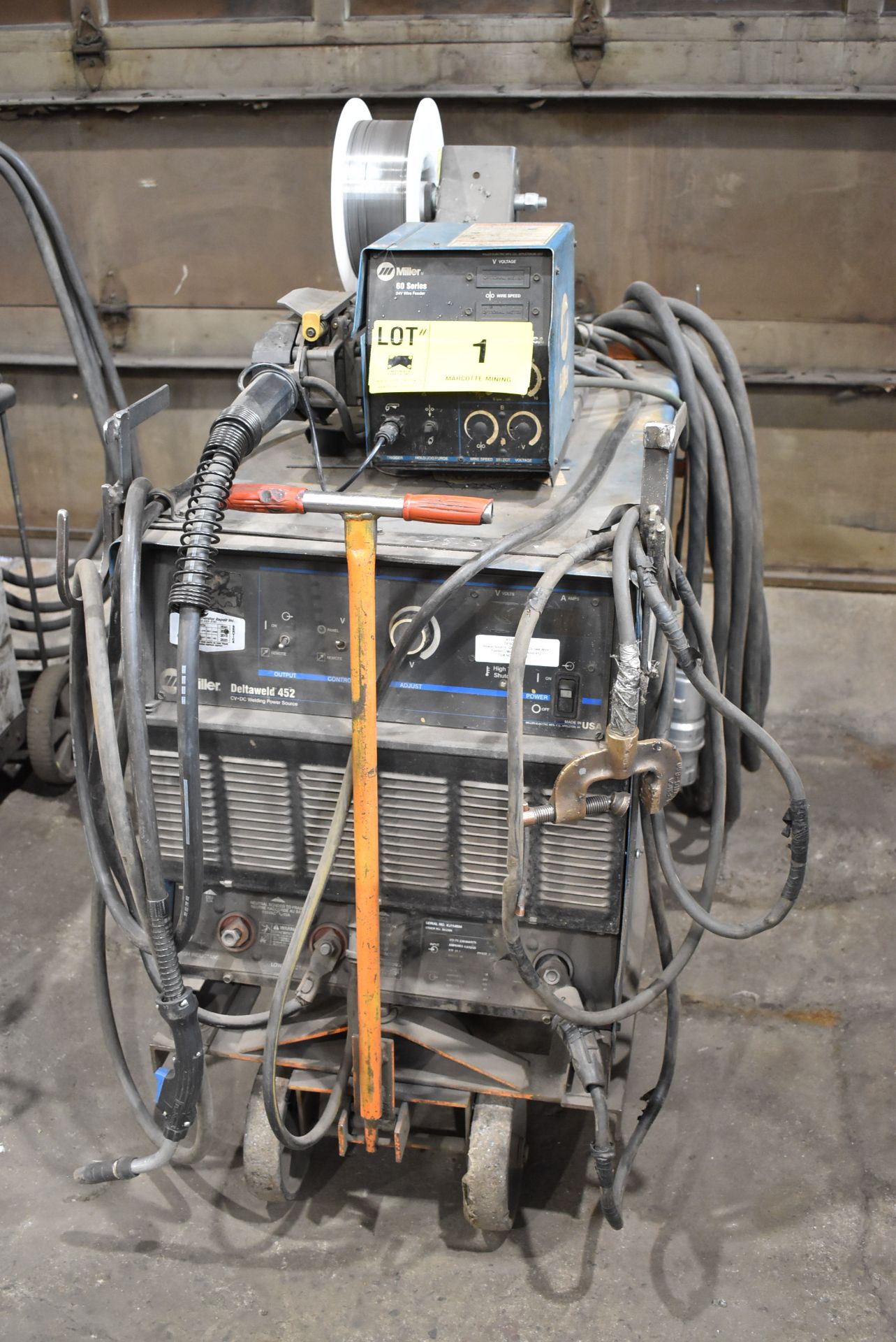 MILLER DELTAWELD 452 DIGITAL MIG WELDER WITH MILLER 60 SERIES 24V WIRE FEEDER, CABLES & GUN, S/N: