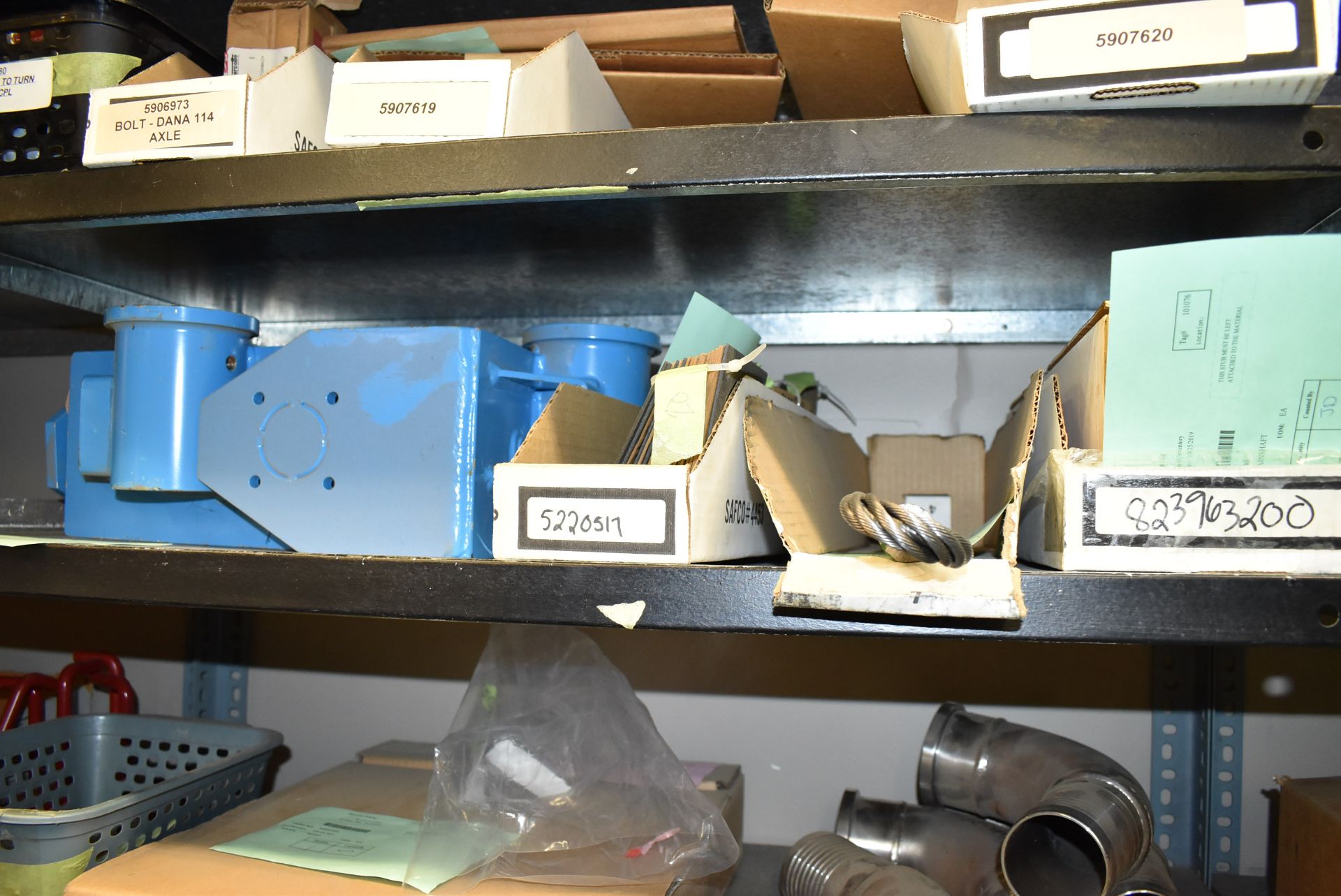 LOT/ CONTENTS OF SHELVES - INCLUDING AXLE HARDWARE, BRACKETS, BRAKE COMPONENTS, CONTROL BOX, DOZER - Image 3 of 9