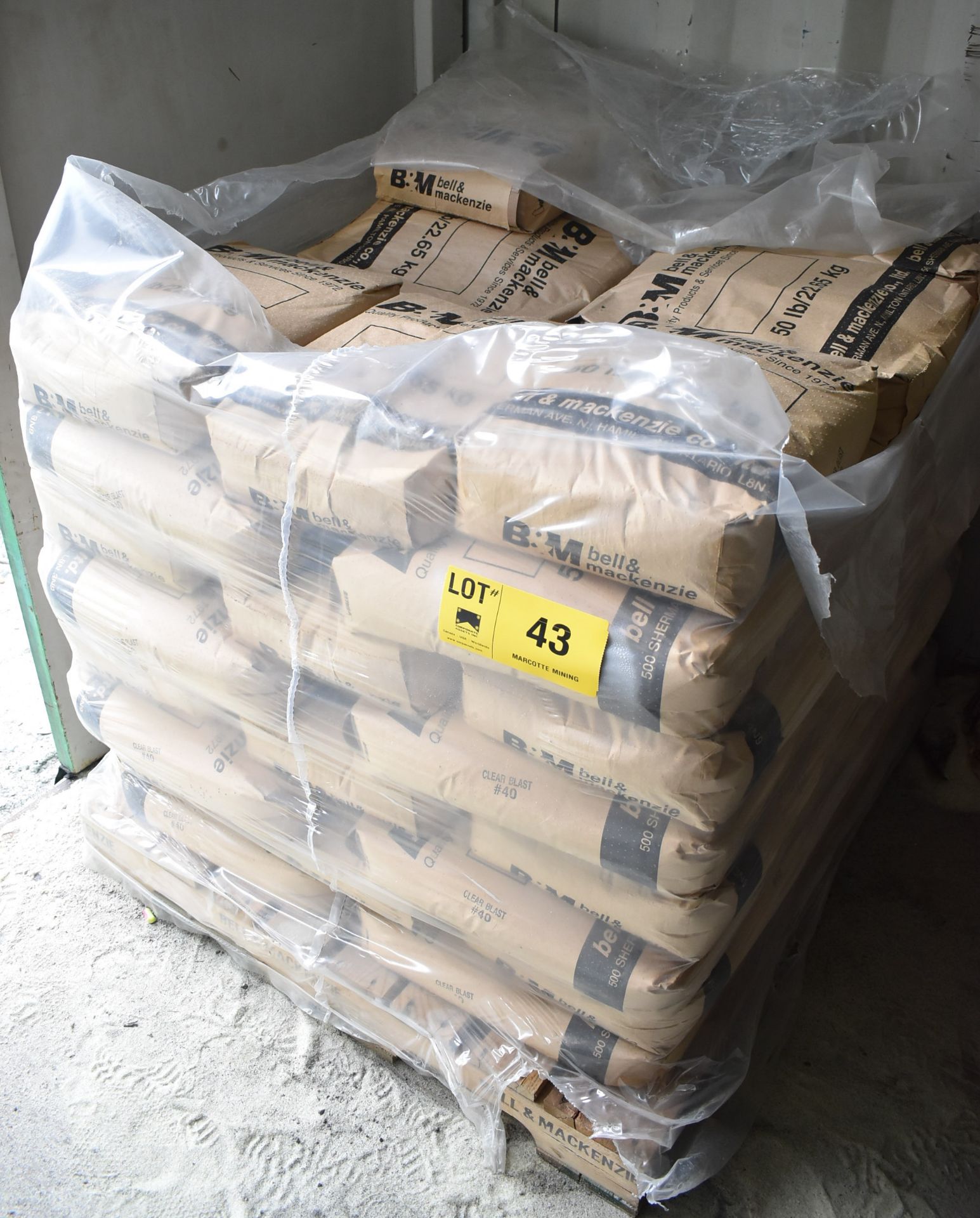 LOT/ SKID OF BELL & MACKENZIE 50 LB. BAGS OF SANDBLAST MEDIA (APPROX. 40 BAGS)