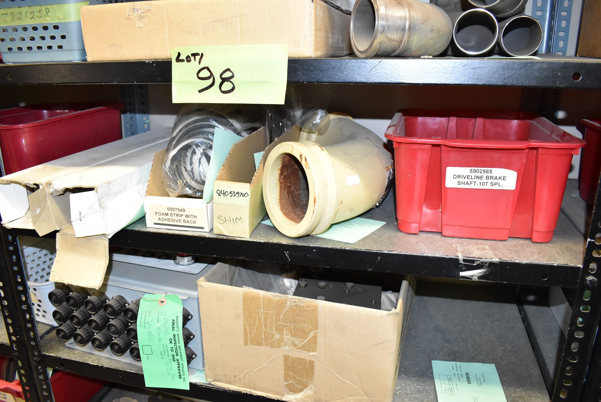 LOT/ CONTENTS OF SHELVES - INCLUDING AXLE HARDWARE, BRACKETS, BRAKE COMPONENTS, CONTROL BOX, DOZER - Image 5 of 9