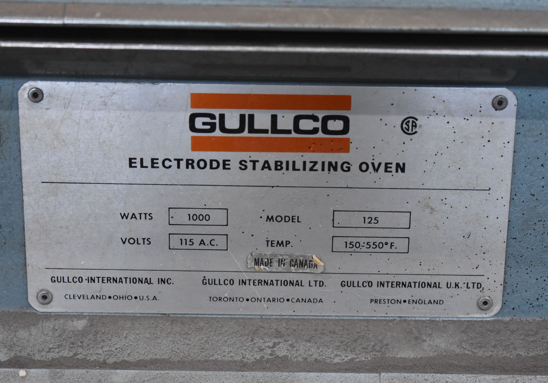 GULLCO MODEL 125 BENCHTOP ELECTRODE STABILIZING OVEN WITH 550 DEG. F. MAX. TEMPERATURE, S/N: N/A - Image 2 of 2