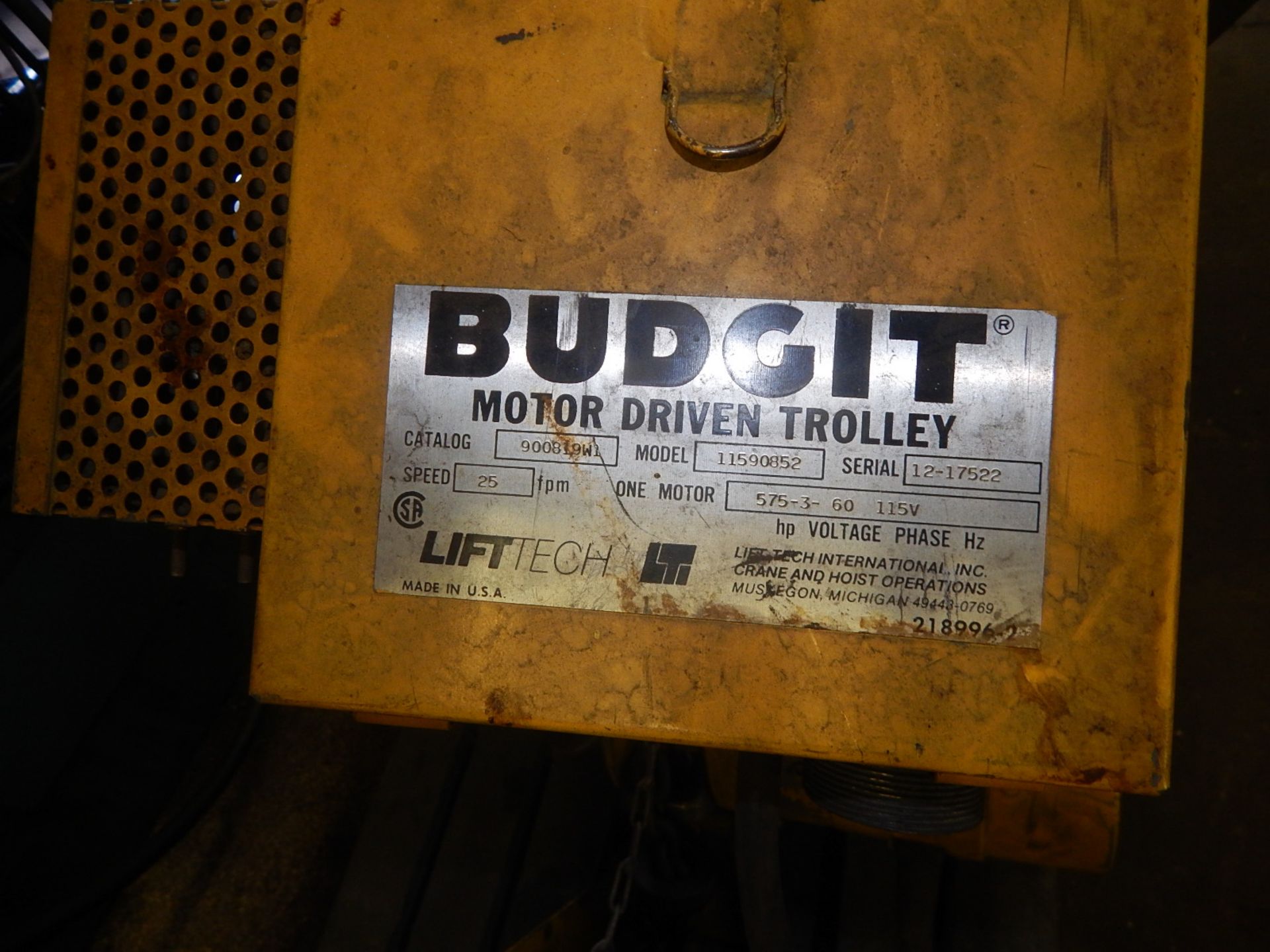 BUDGIT 1 TON CAPACITY ELECTRIC HOIST WITH TROLLEY - Image 3 of 3