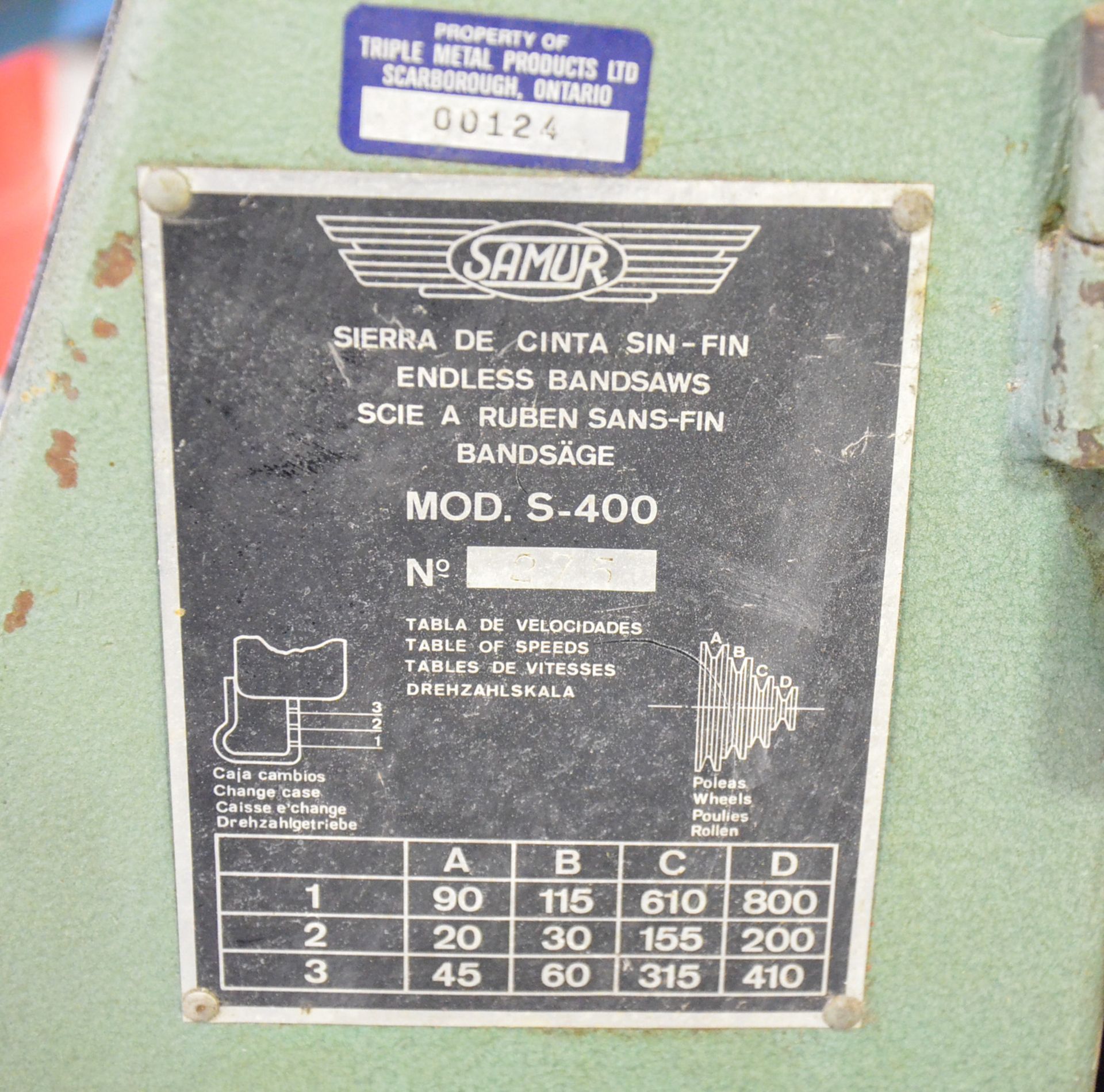 SAMUR S-400 VERTICAL BAND SAW WITH 24"X24" TILT TABLE, 15" THROAT, 12" MAX. WORK HEIGHT, BLADE - Image 3 of 4