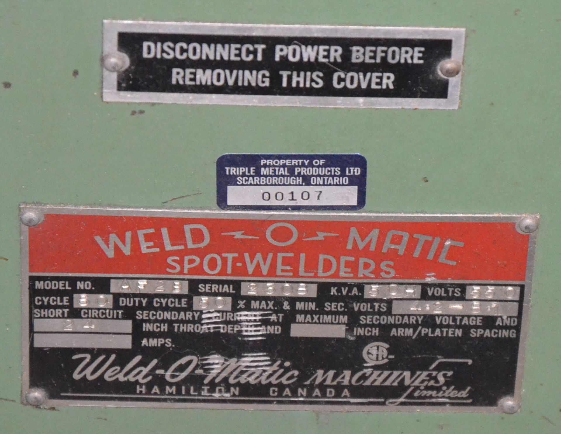 WELD-O-MATIC AF-2B FLOOR-TYPE SPOT WELDER WITH 50 KVA, 24" THROAT, WELDTRONIC 1276 CONTROL, 575V/ - Image 4 of 4