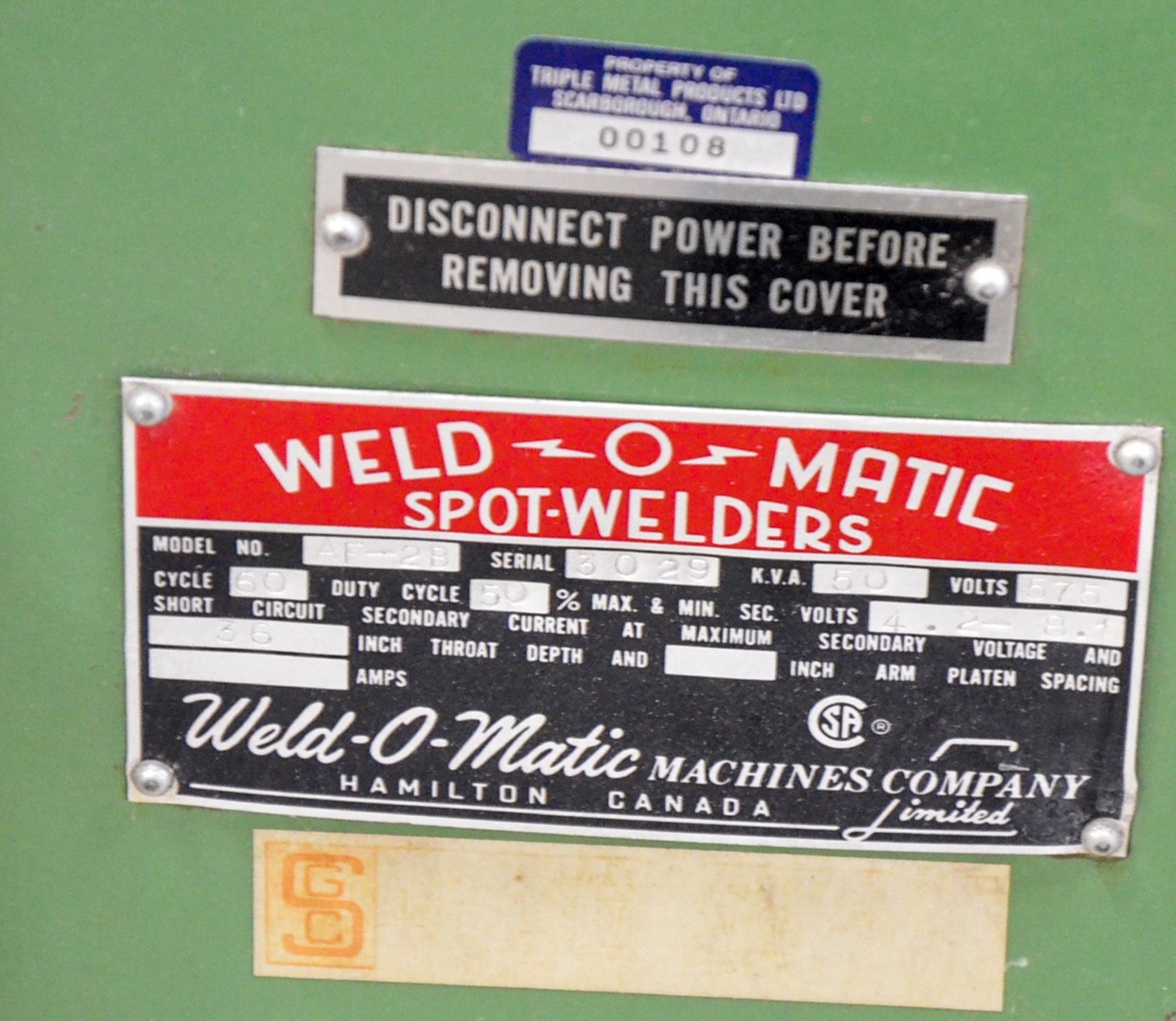 WELD-O-MATIC AF-2B FLOOR-TYPE SPOT WELDER WITH 50 KVA, 35" THROAT, MEDWELD 300S CONTROL, 575V/1PH/ - Image 4 of 4