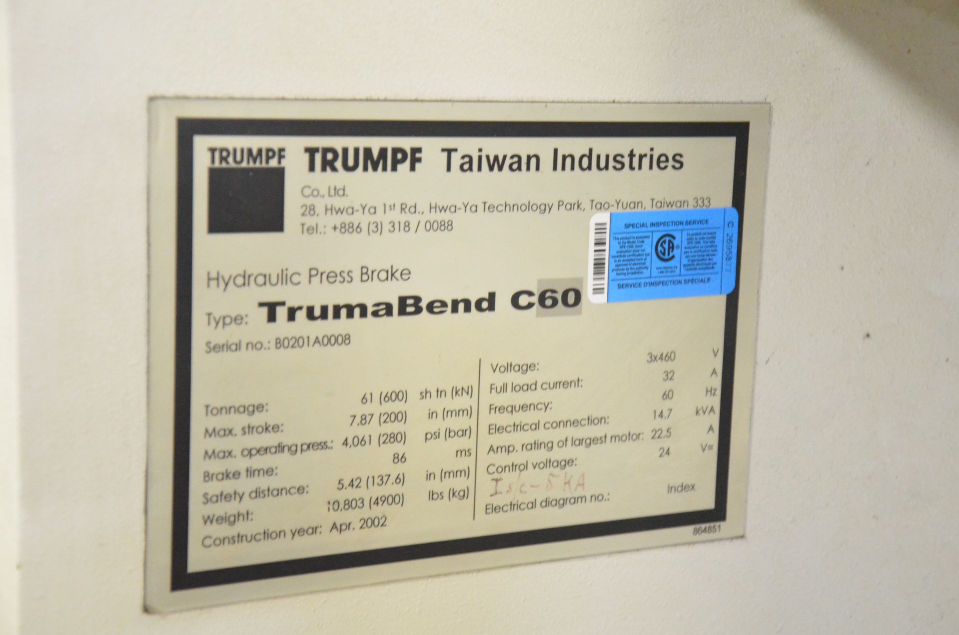 TRUMPF (2002) TRUMABEND C60 CNC 4 AXIS HYDRAULIC BRAKE PRESS WITH TRUMPF CNC CONTROL, 60 TON - Image 6 of 12