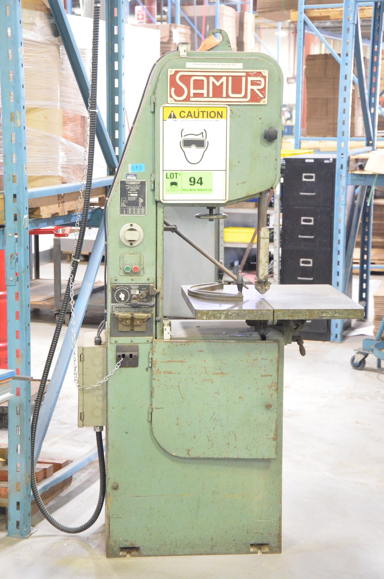 SAMUR S-400 VERTICAL BAND SAW WITH 24"X24" TILT TABLE, 15" THROAT, 12" MAX. WORK HEIGHT, BLADE