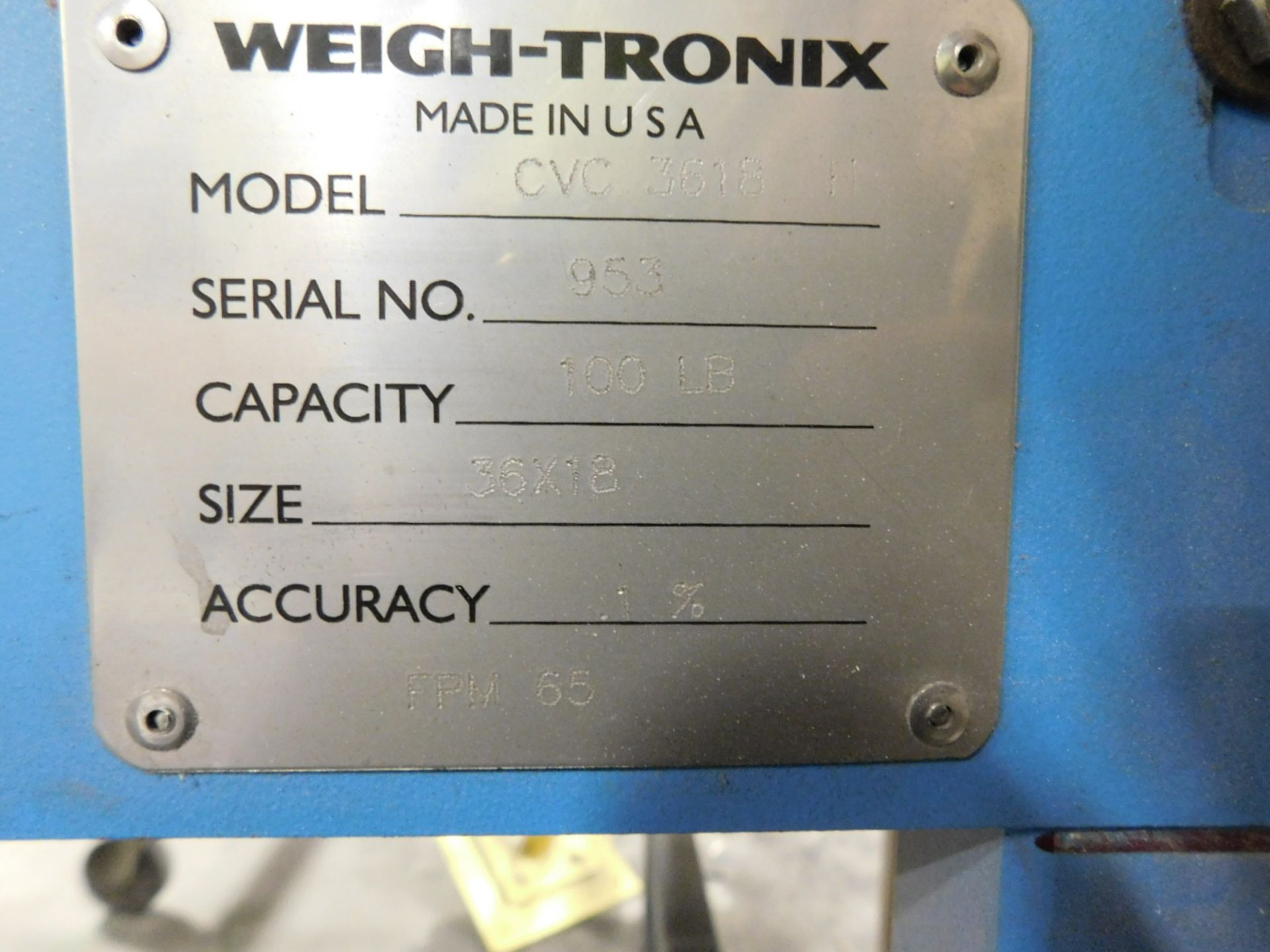 AVERY WEIGH-TRONIX MODEL CVC3618H, CONVEYOR SCALE FOR 16" CONVEYOR, 100 LB CAPACITY, SIZE 38" X 16", - Image 3 of 6