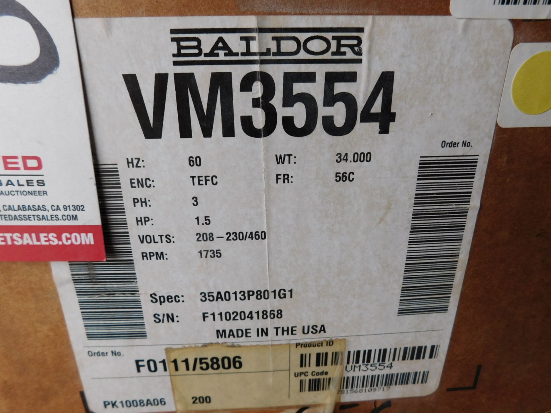 BALDOR VM3554 1-1/2 HP MOTOR, 1735 RPM, 208-230/460V/3 PHASE, S/N: N/A (DELAYED PICKUP - FEBRUARY