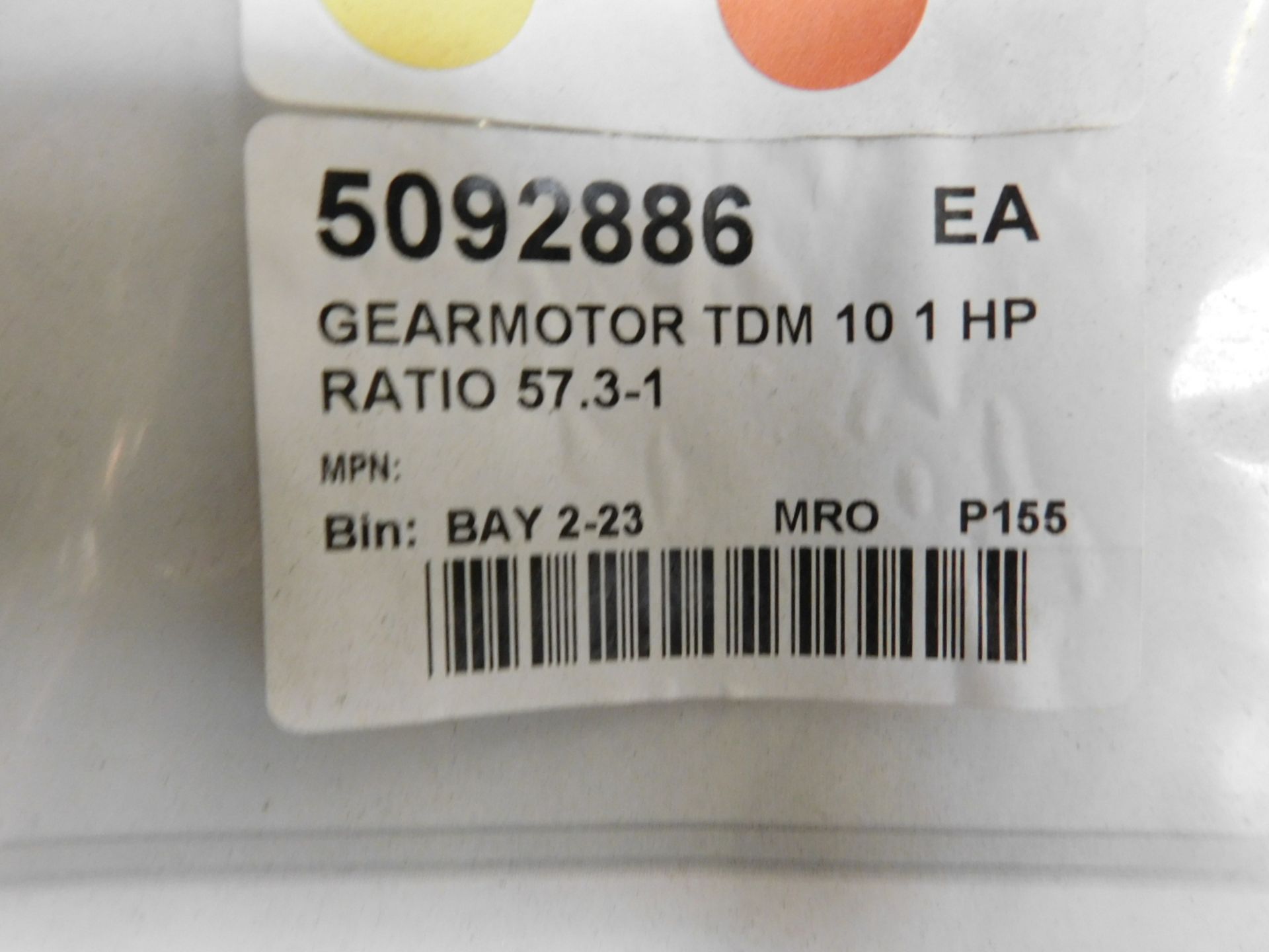 GEARMOTOR TDM10, 1 HP, RATIO 57.3-1, S/N: N/A (DELAYED PICKUP - FEBRUARY 15, 2021) - Image 2 of 3