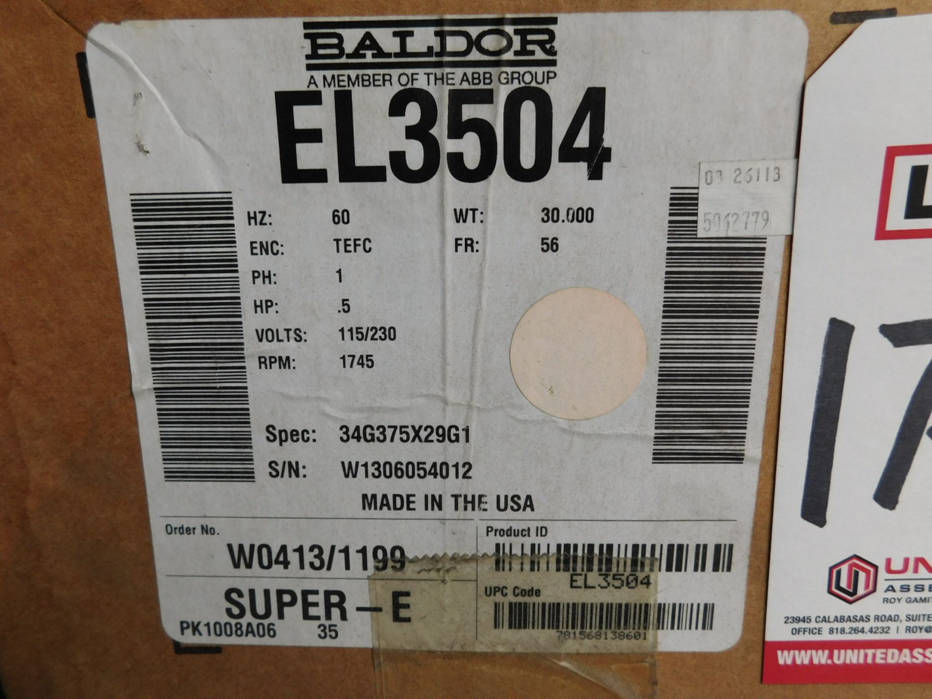 BALDOR EL3504 .5 HP MOTOR, 1745 RPM, 115/230V/1PH, S/N: N/A (DELAYED PICKUP - FEBRUARY 15, 2021)