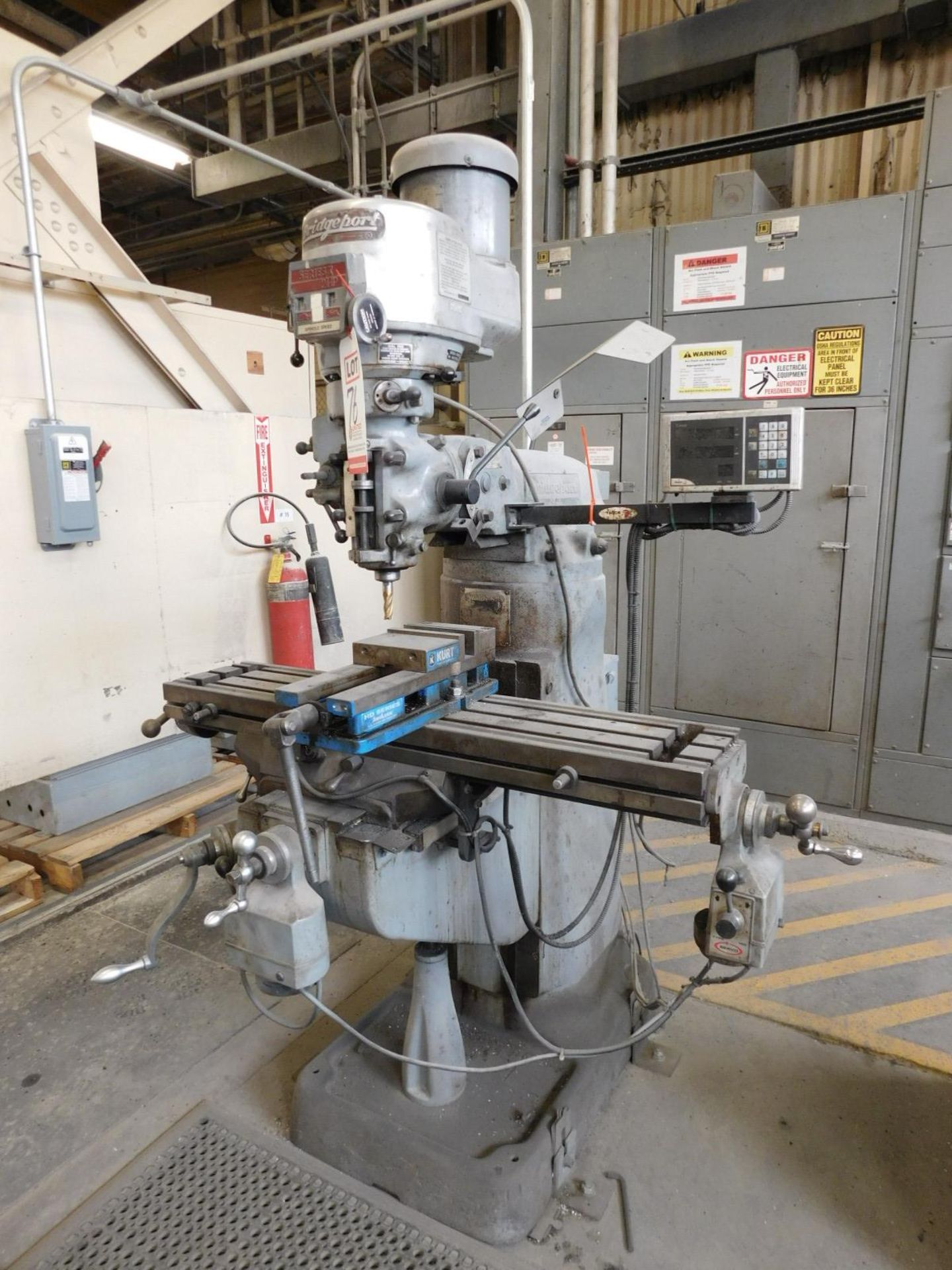 BRIDGEPORT VERTICAL MILL, 9" X 42" TABLE, POWER FEED, W/ FAGOR 20I-M DRO, J-HEAD, KURT 6" VISE, S/N: