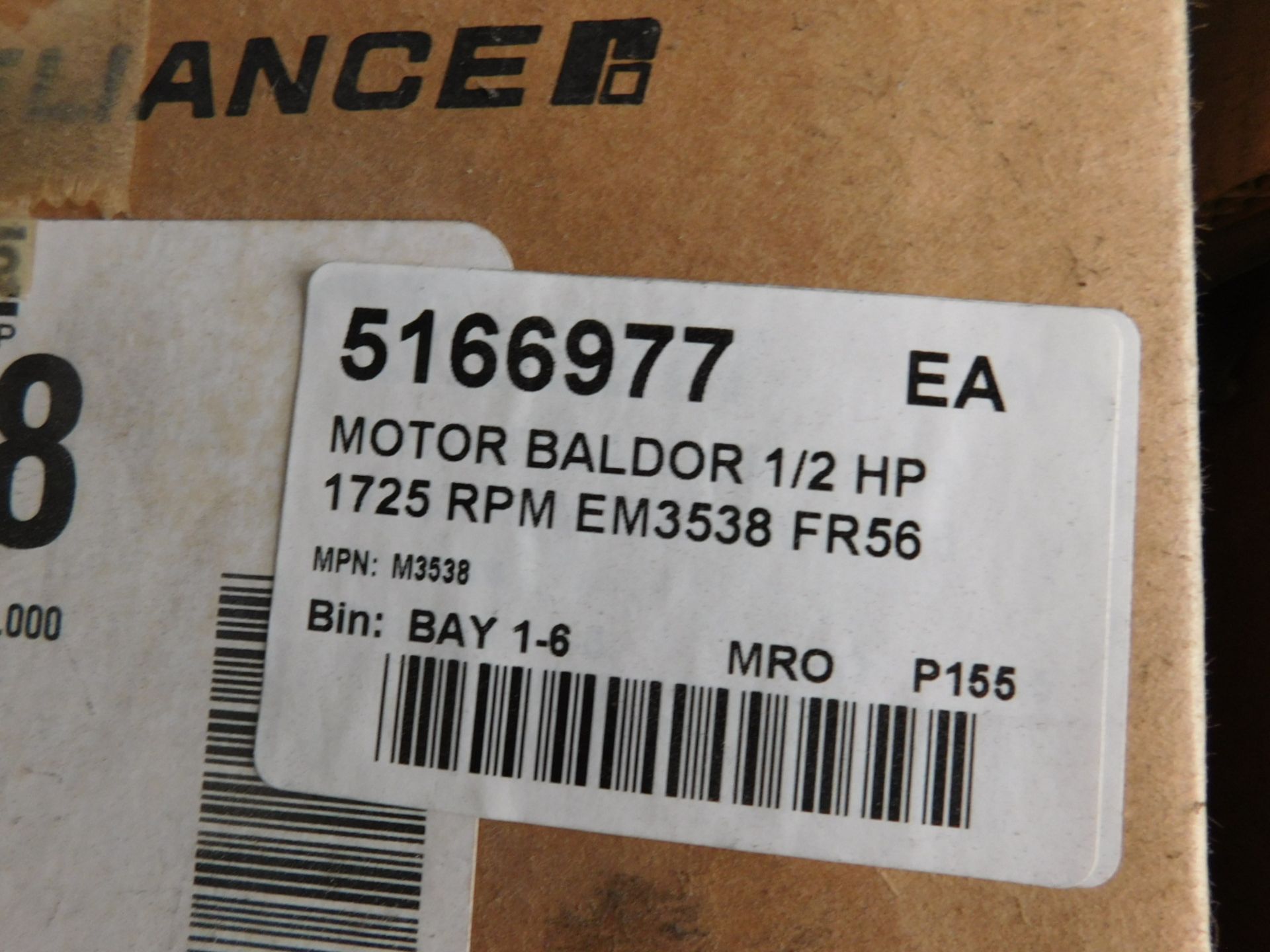 BALDOR EM3538 1/2 HP MOTOR, FRAME 56, 1725 RPM, S/N: N/A (DELAYED PICKUP - FEBRUARY 15, 2021)