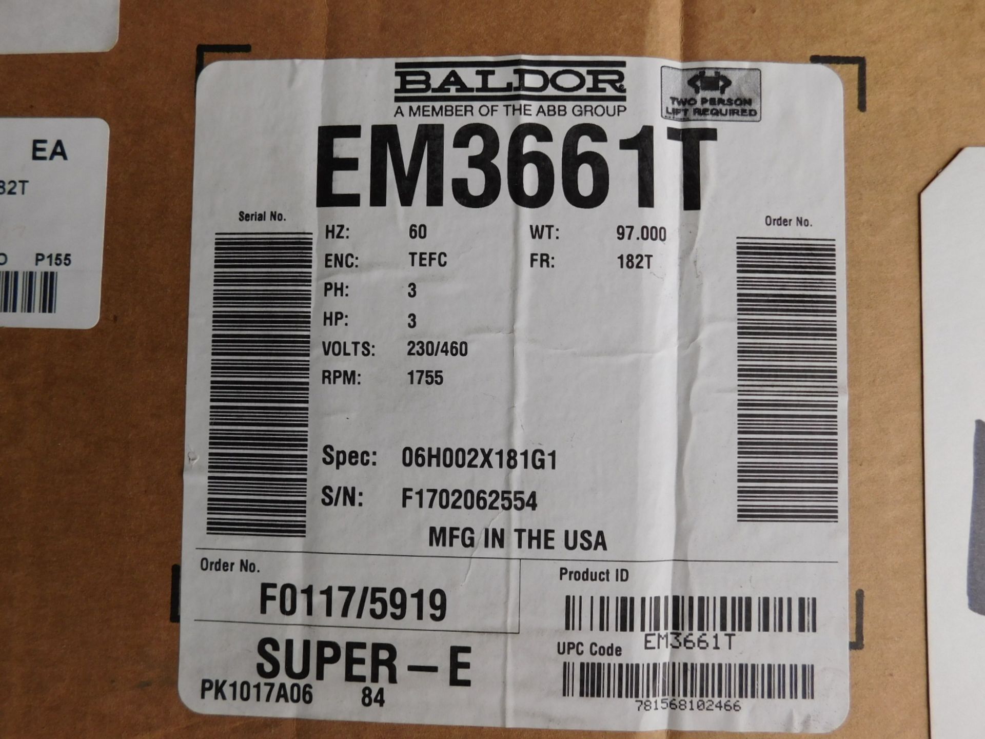 BALDOR EM3661T 3 HP MOTOR, 1755 RPM, 230/460V/3PH, S/N: N/A (DELAYED PICKUP - FEBRUARY 15, 2021)