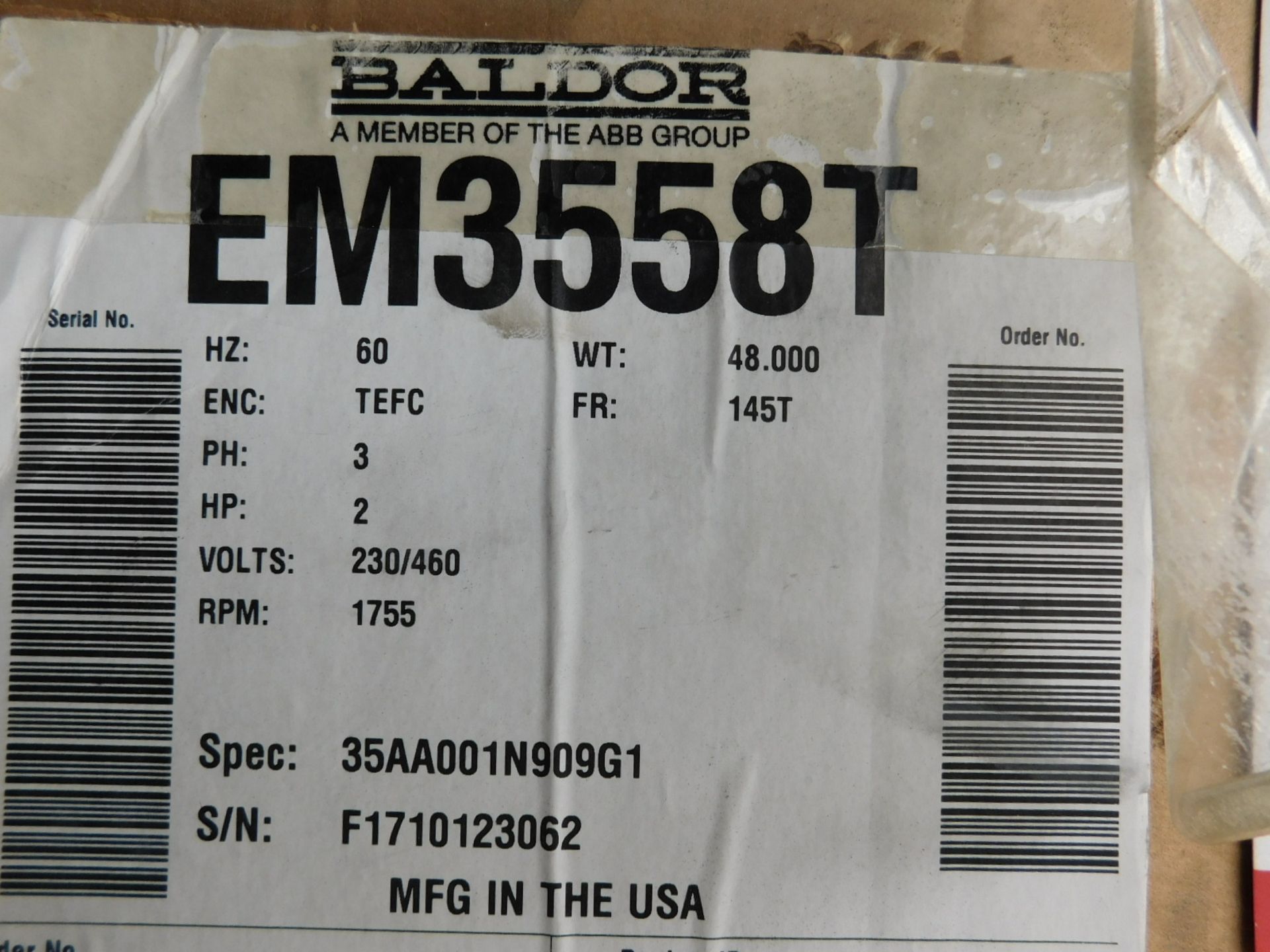BALDOR EM3558T 2 HP MOTOR, 1755 RPM, 230/460V/3PH, S/N: N/A (DELAYED PICKUP - FEBRUARY 15, 2021)