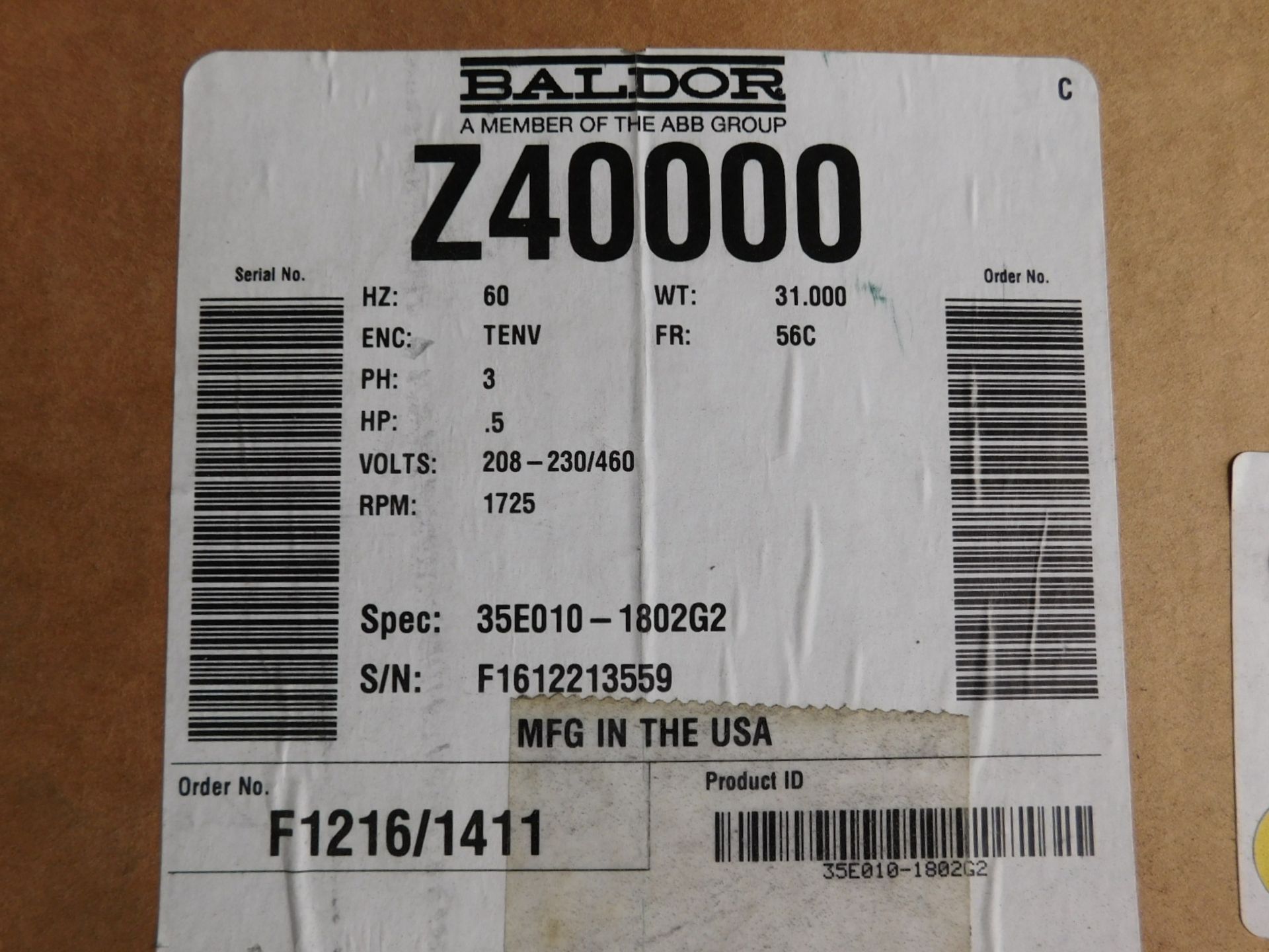 LOT/ (2) BALDOR 1/2 HP MOTORS, Z40000, B212, 1725 RPM, 208-230/460V/3PH, S/N: N/A (DELAYED - Image 2 of 3