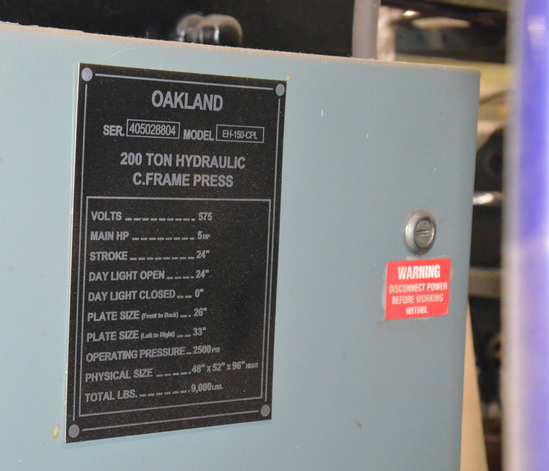 OAKLAND EH-150-CPL 200 TON CAPACITY HYDRAULIC C-FRAME PRESS WITH 26"X33" PLATE, 24" STROKE, 24" - Image 4 of 4