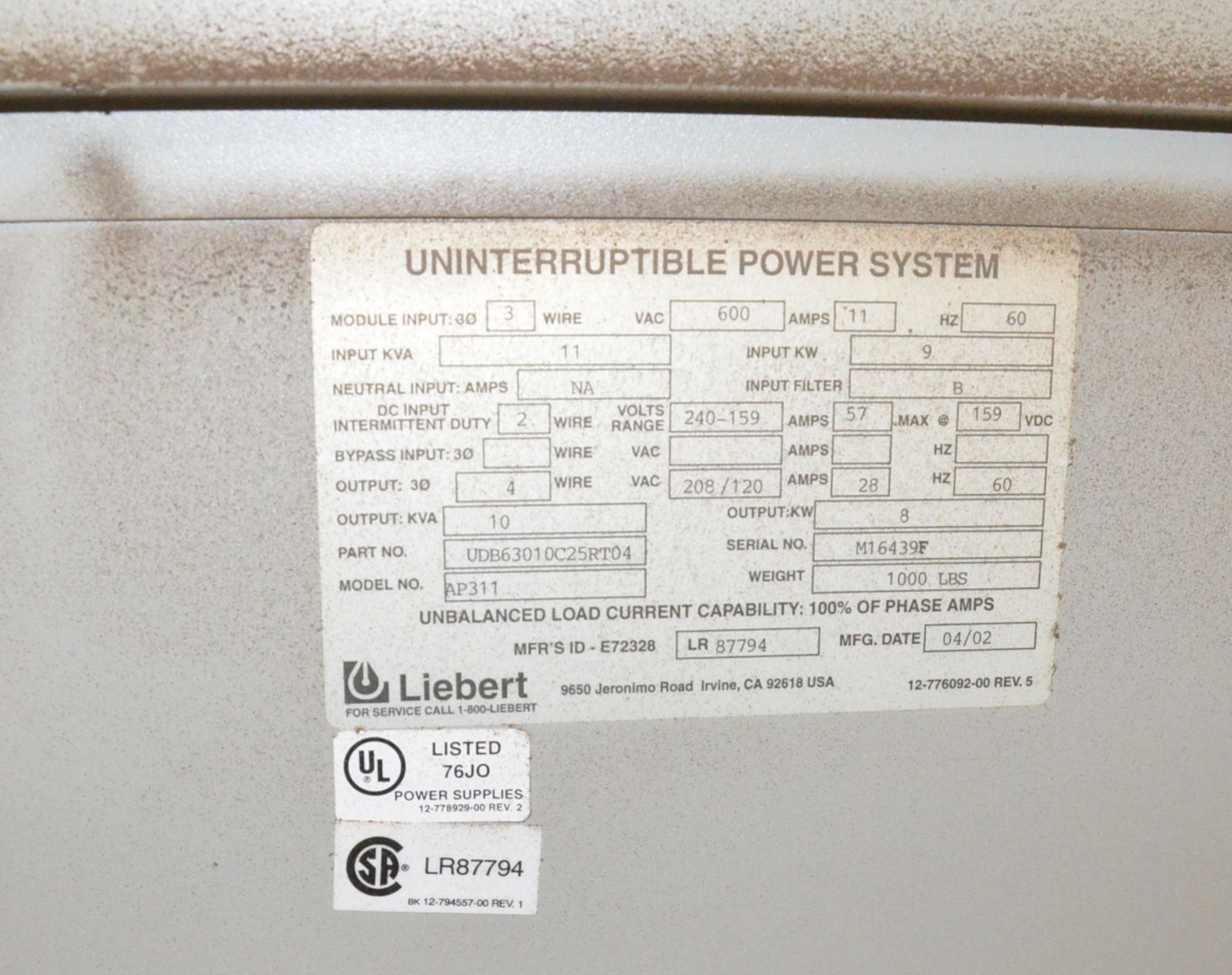 LIEBERT AP311 STANDALONE UNINTERRUPTIBLE POWER SUPPLY WITH 10KVA, 8KW, 600V/3PH/60HZ CAPACITY, S/N - Image 4 of 6