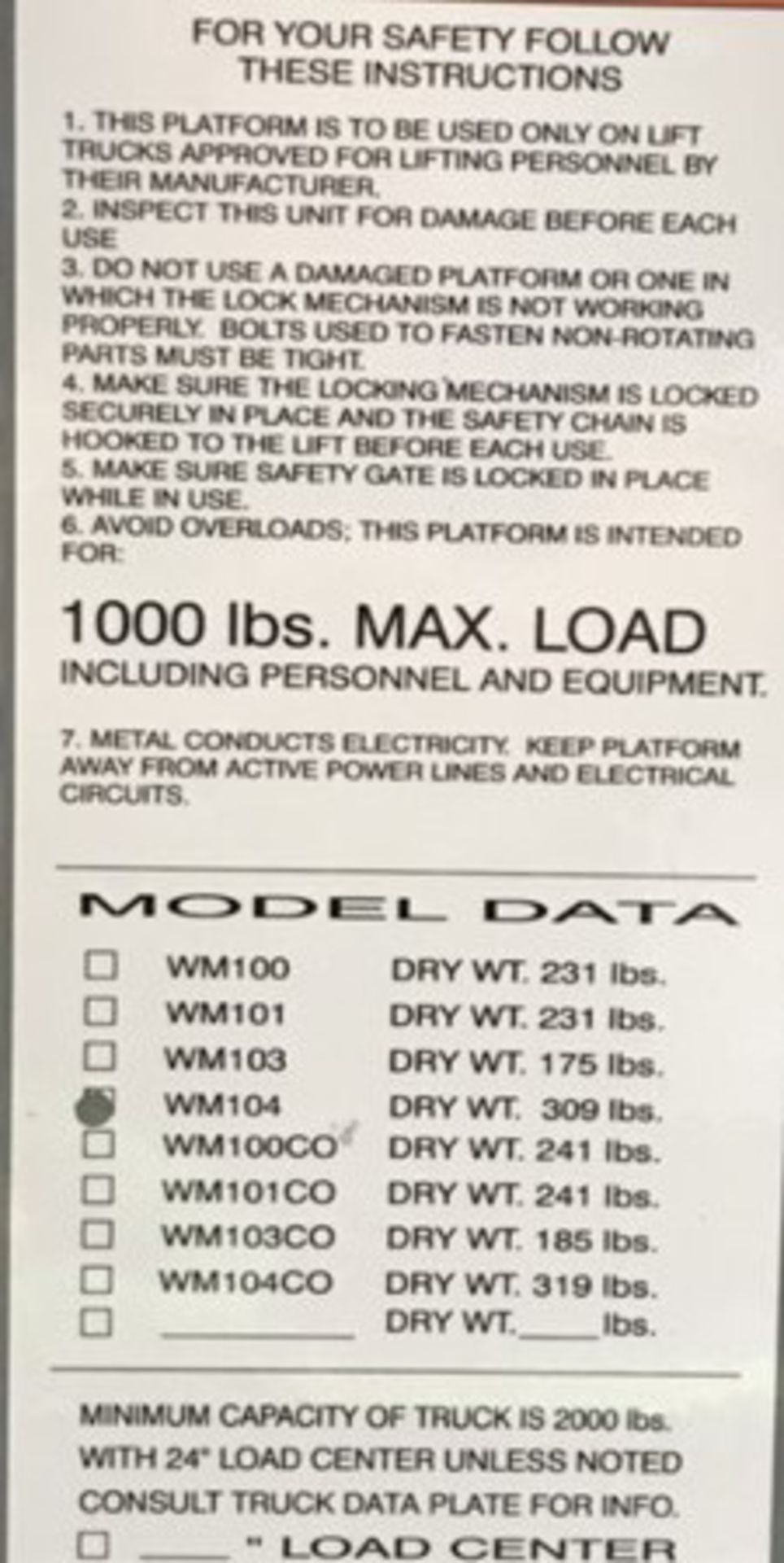 WORKMASTER WM104 1000 LB. CAPACITY OVERHEAD WORK PLATFORM [RIGGING FEES FOR LOT# 25 - $25 USD PLUS - Image 2 of 2