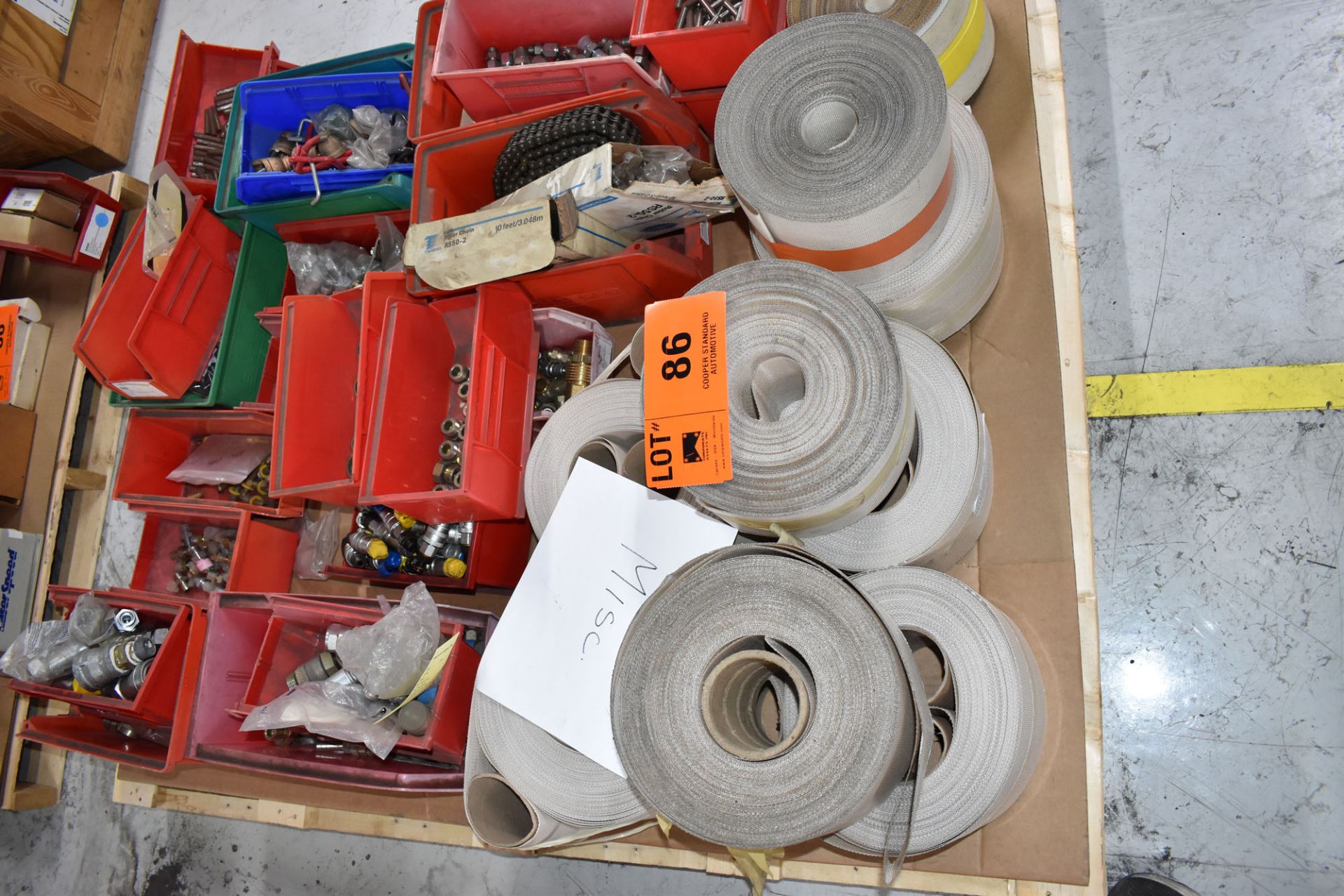 LOT/ PALLET WITH CONTENTS CONSISTING OF BELTS, CHAIN, FITTINGS, AND EXTRUDER LINE COMPONENTS [