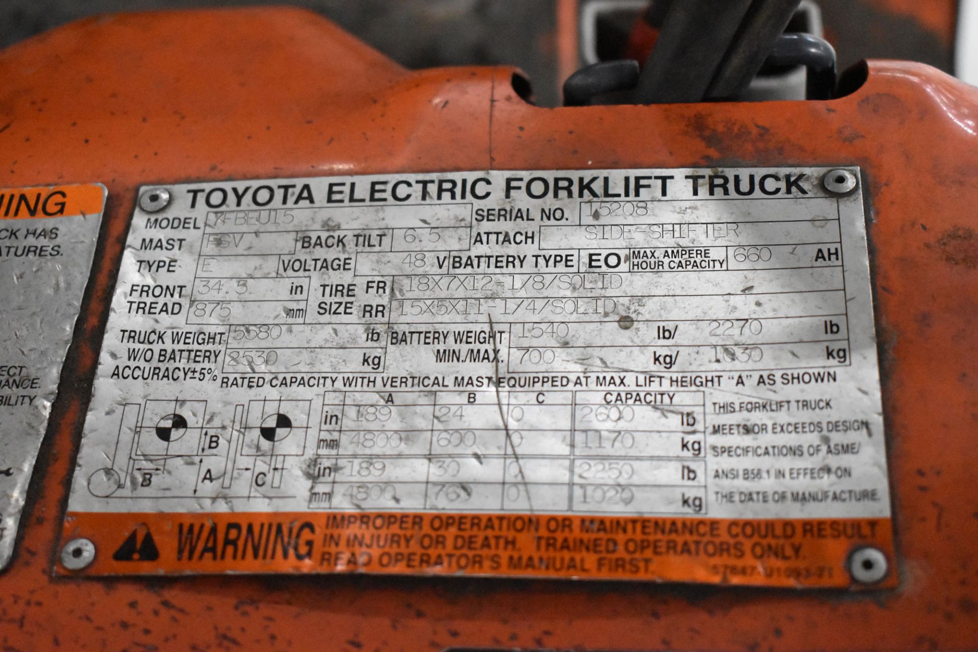 TOYOTA F7BEU15 3-WHEEL 48V ELECTRIC FORKLIFT WITH 2600 LB. CAPACITY, 189" MAX. LIFT HEIGHT, 3 - Image 6 of 6