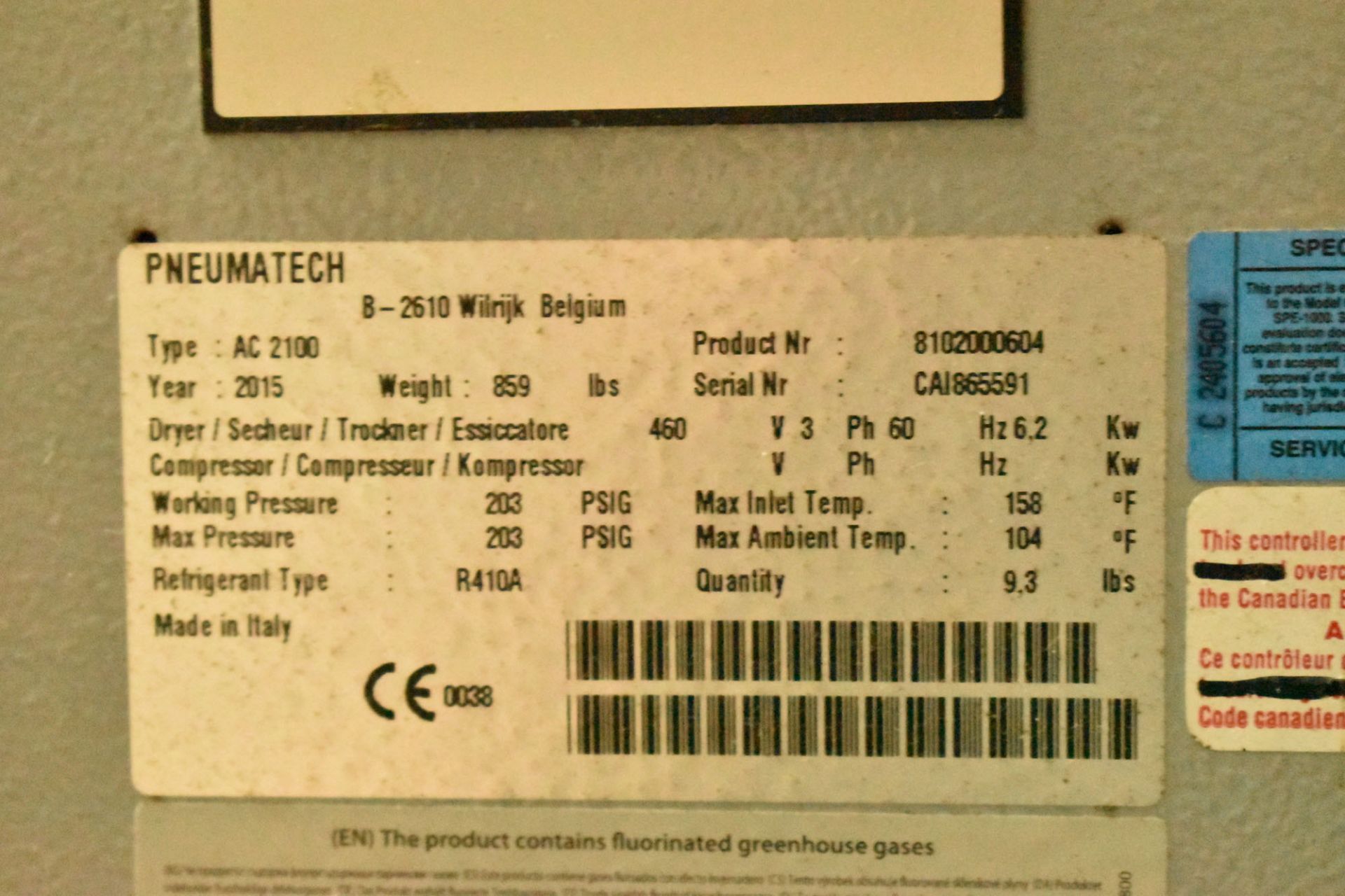 PNEUMATECH (2015) AC2100 REFRIGERATED AIR DRYER WITH PNEUMATECH IN-LINE AIR FILTER, S/N: - Image 6 of 8