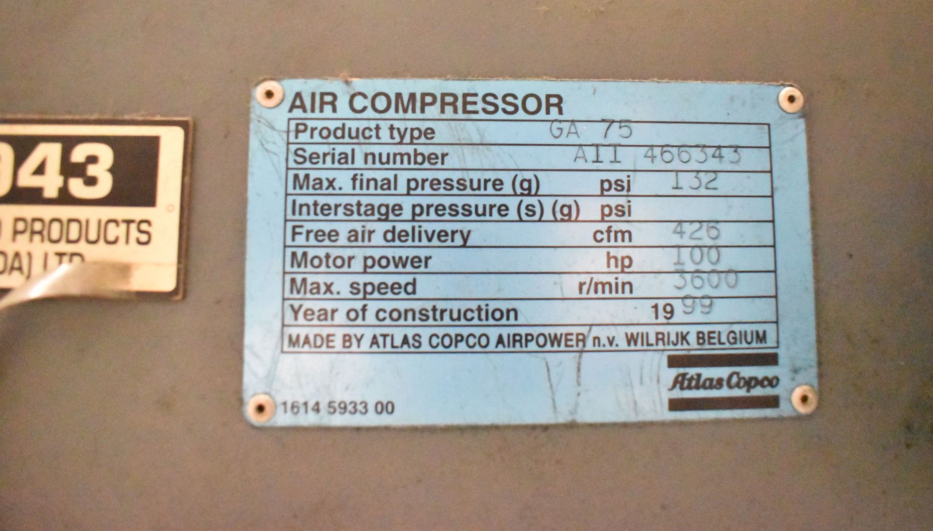 ATLAS COPCO GA75 100 HP ROTARY SCREW AIR COMPRESSOR, S/N: AII466343 (CI) [RIGGING FEES FOR LOT #25 - - Image 3 of 3