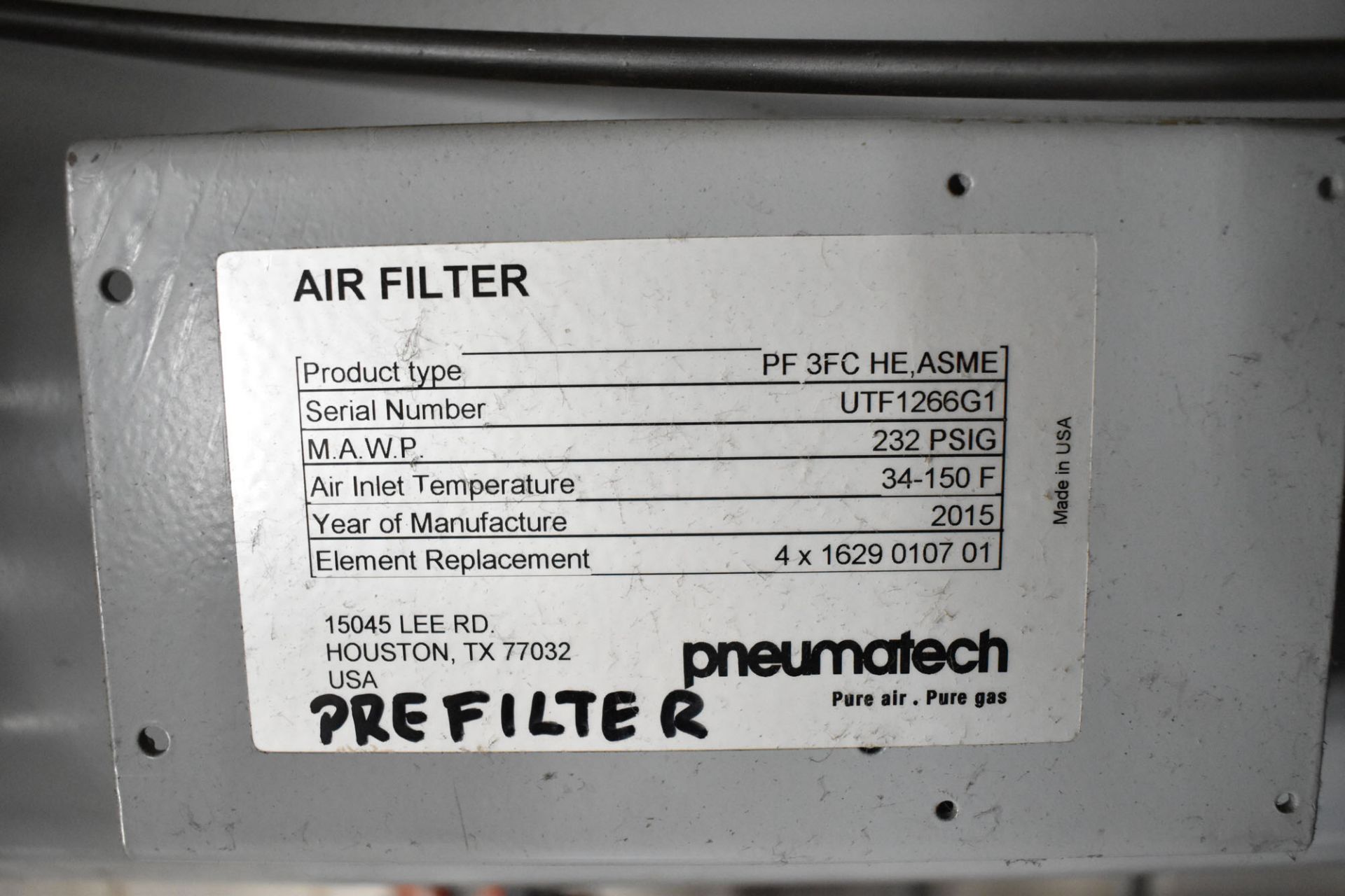 PNEUMATECH (2015) AC2100 REFRIGERATED AIR DRYER WITH PNEUMATECH IN-LINE AIR FILTER, S/N: - Image 8 of 8