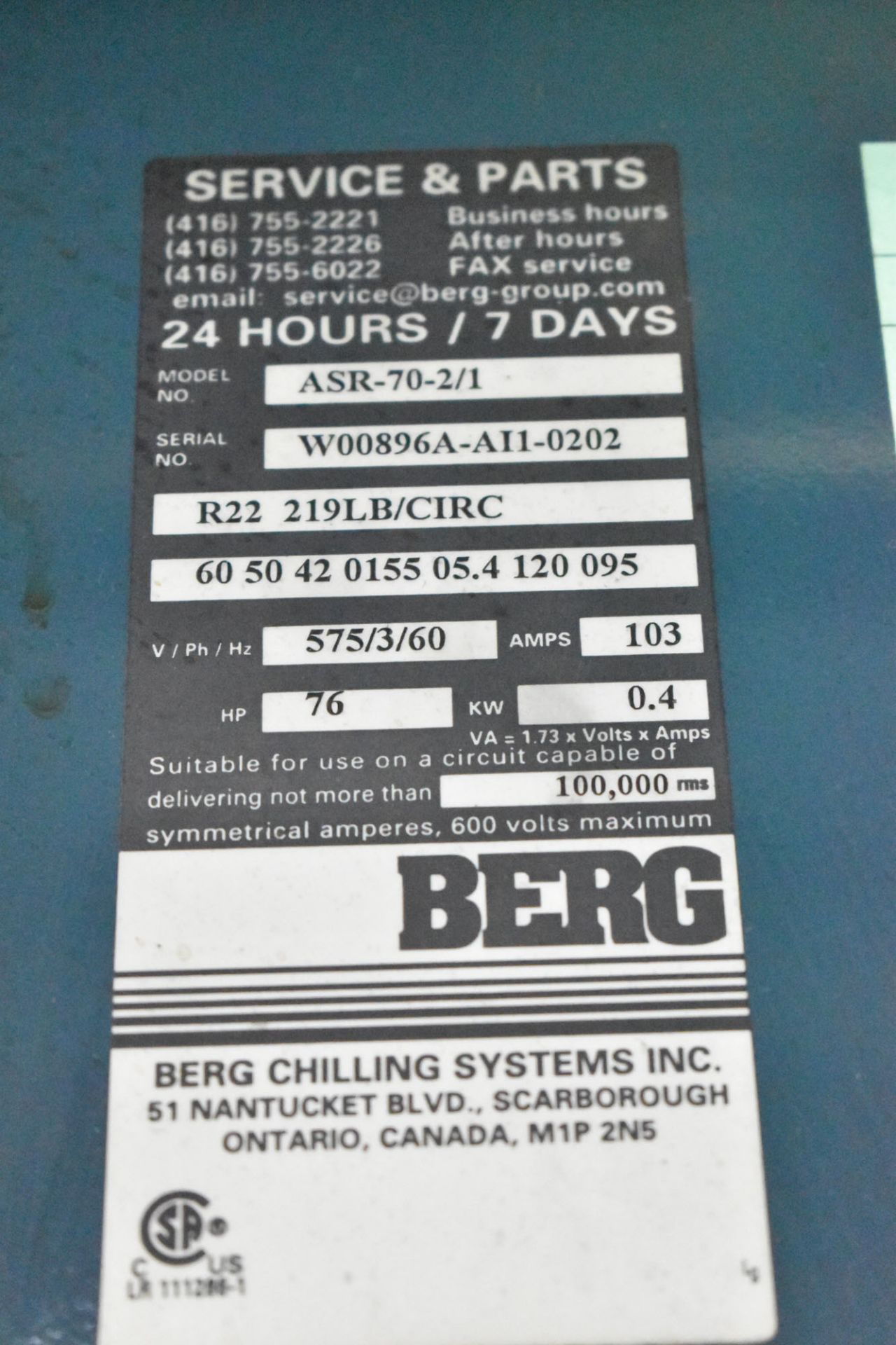 BERG ASR-70-1/2 SKID MOUNTED INDUSTRIAL CHILLER WITH 70 TON CAPACITY, 76 HP, BERG SC5 PLC CONTROL, - Image 4 of 10