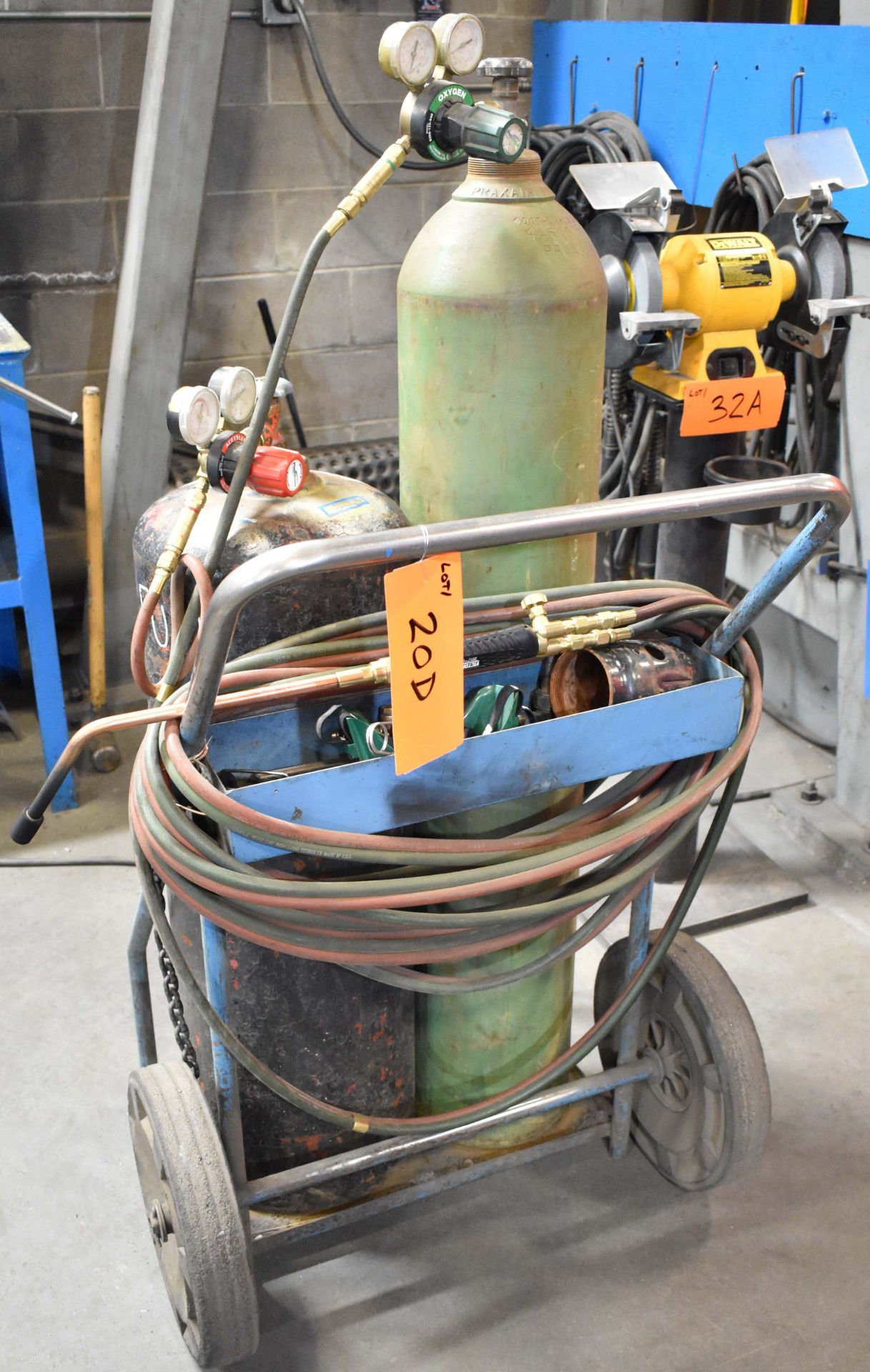 LOT/ OXY-ACETYLENE TANK CADDY WITH TORCH, GAUGES & HOSE (NO TANKS)