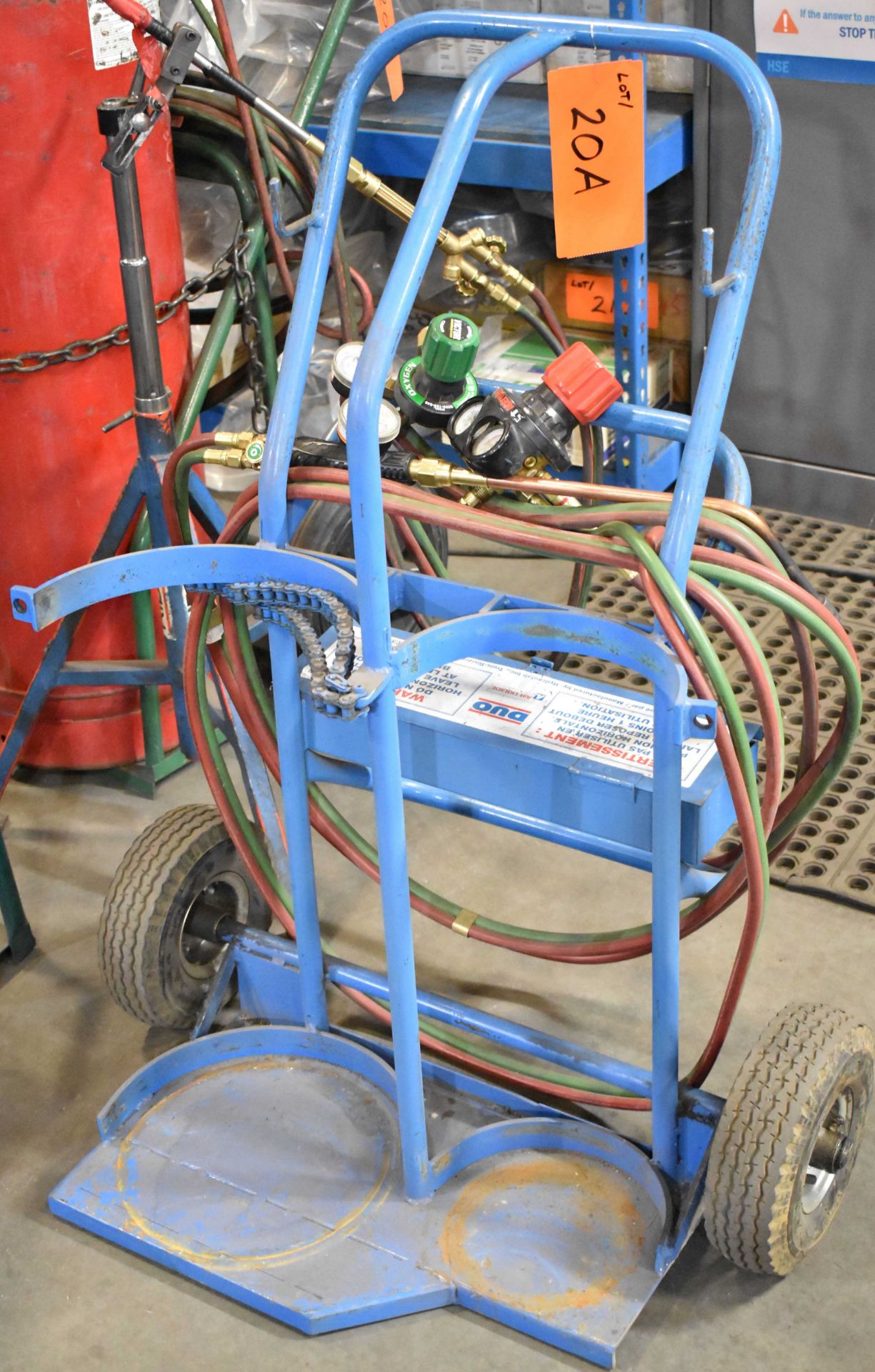 LOT/ OXY-ACETYLENE TANK CADDY WITH TORCH, GAUGES & HOSE [RIGGING FEES FOR LOT #20 A - $25 USD PLUS