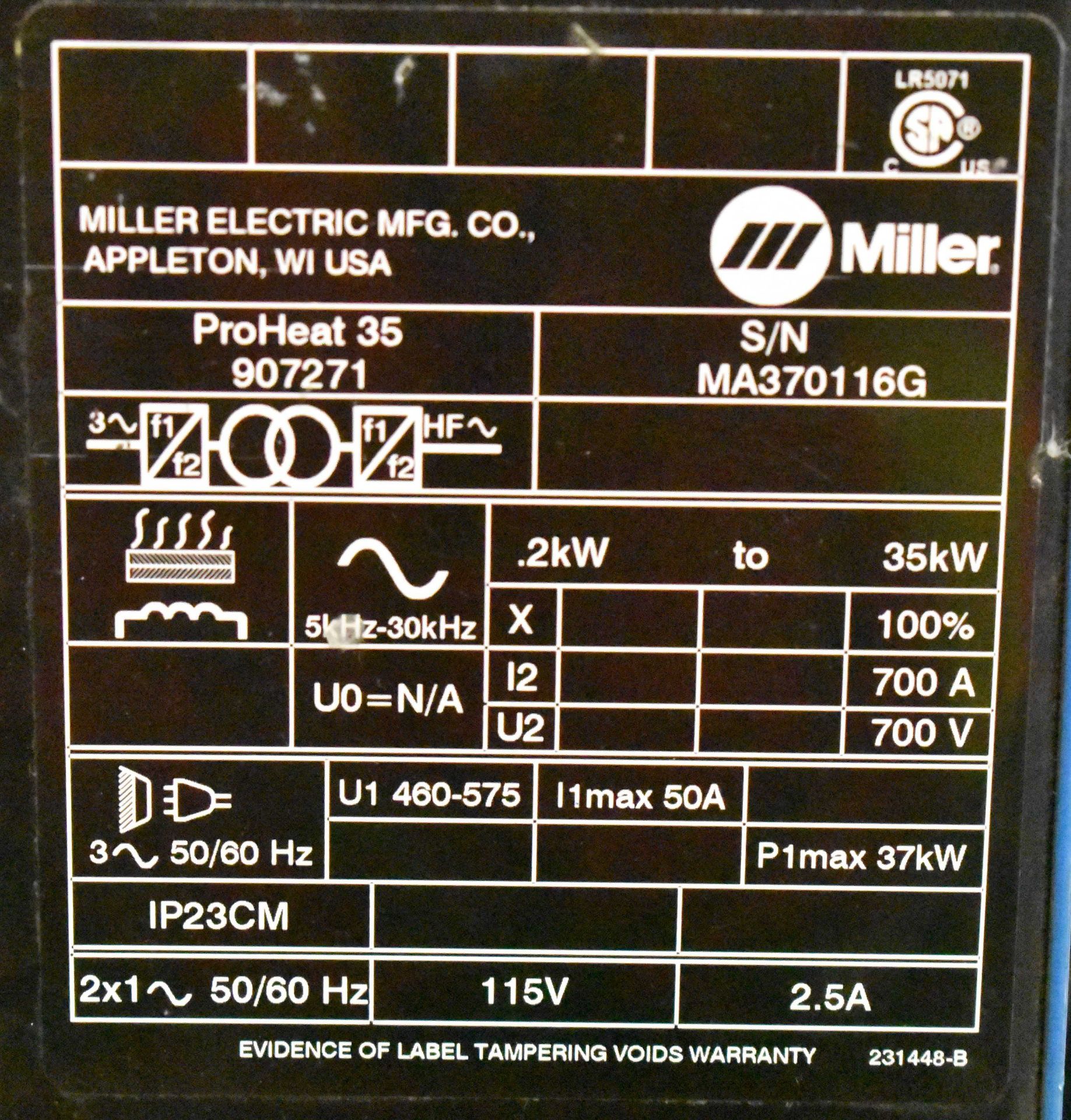 MILLER (2010) PROHEAT 35 DIGITAL INDUCTION HEATING WELDING POWER SOURCE, S/N: MA370116GC [RIGGING - Bild 3 aus 3