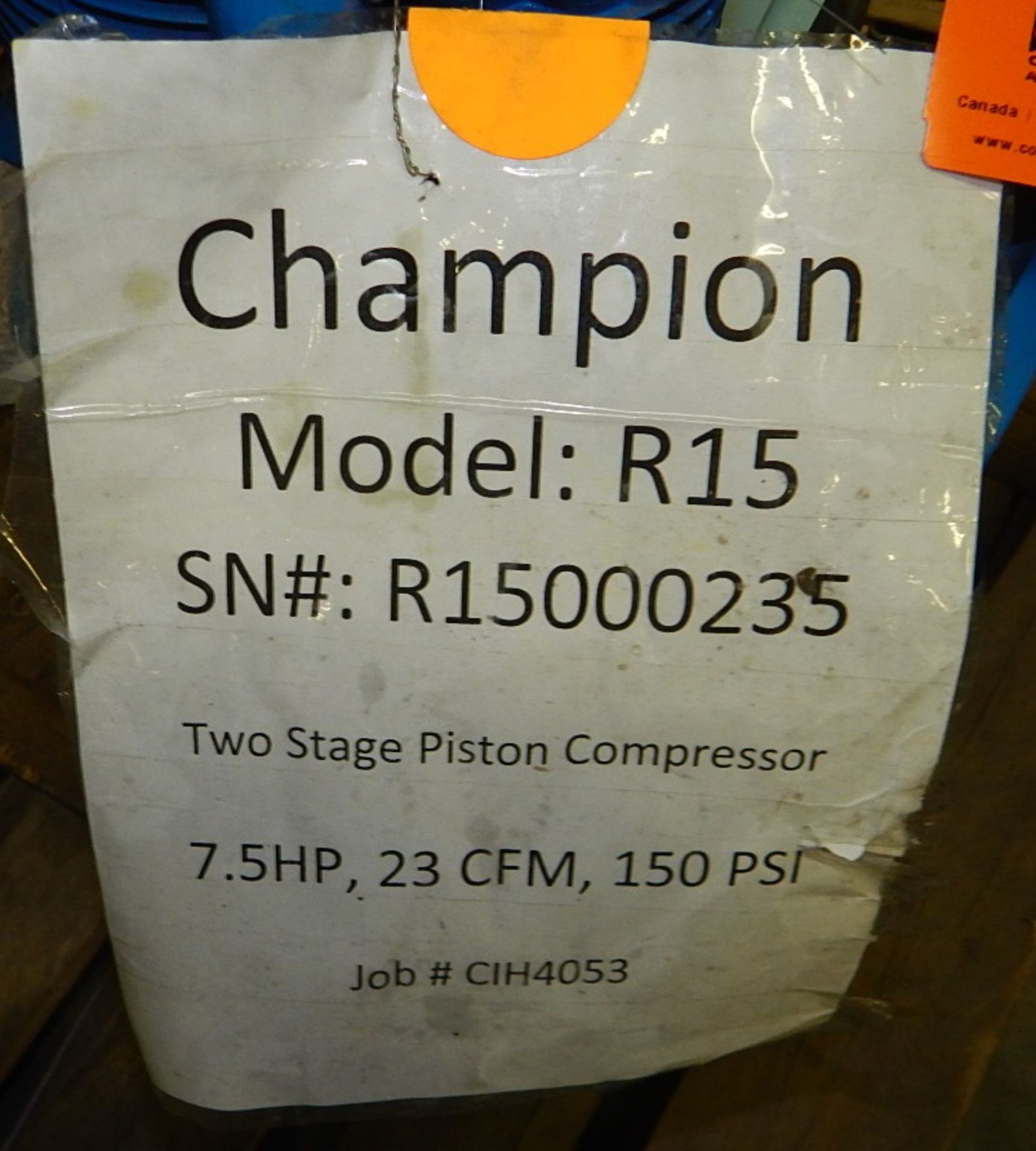 CHAMPION R15 TWO STATE COMPRESSOR PISTON ASSEMBLY WITH 7.5 HP, 23 CFM, 150 PSI, S/N: R15000235 ( - Image 3 of 3