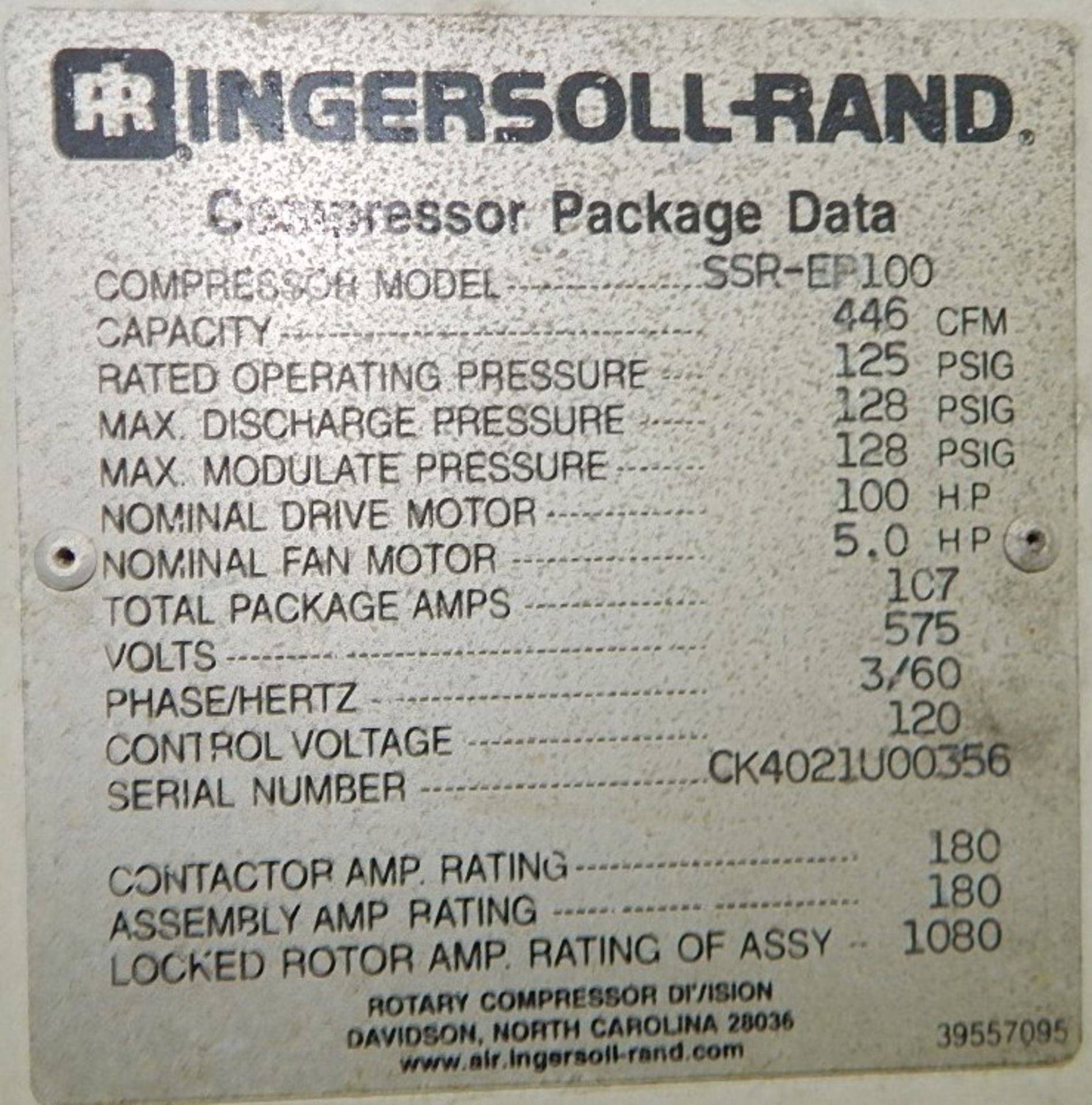 INGERSOLL-RAND SSR-EP100 ROTARY SCREW AIR COMPRESSOR WITH 100 HP, 125 PSI, S/N: CK4021U00356 (CI) [ - Image 5 of 5