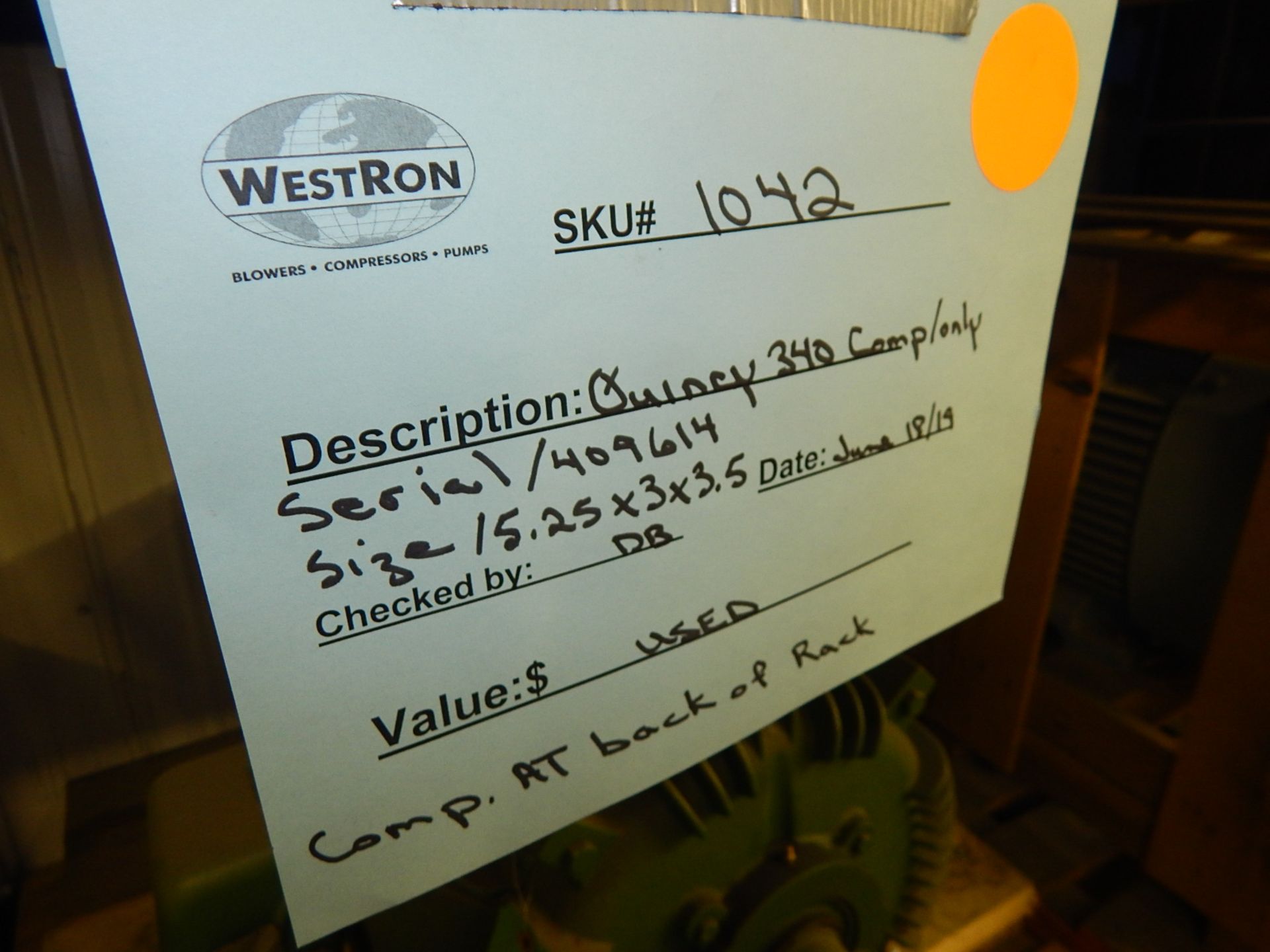 QUINCY (REBUILT 2009) MODEL 340 COMPRESSOR PUMP, S/N: N/A [SKU 1042] (CI) (LOCATED IN DIDSBURY, - Image 5 of 5