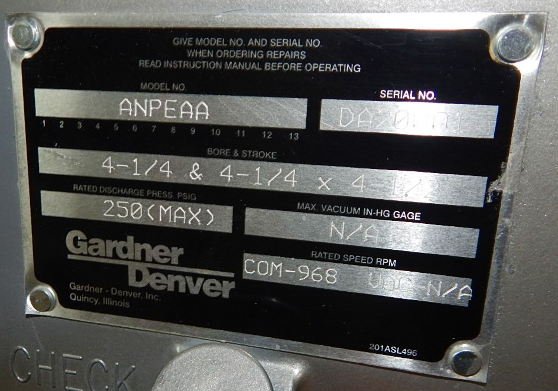 GARDNER DENVER ANPEAA NATURAL GAS COMPRESSOR WITH 250 PSI, 4.25 & 4.25X4.50 BORE AND STROKE, S/N: - Image 4 of 4