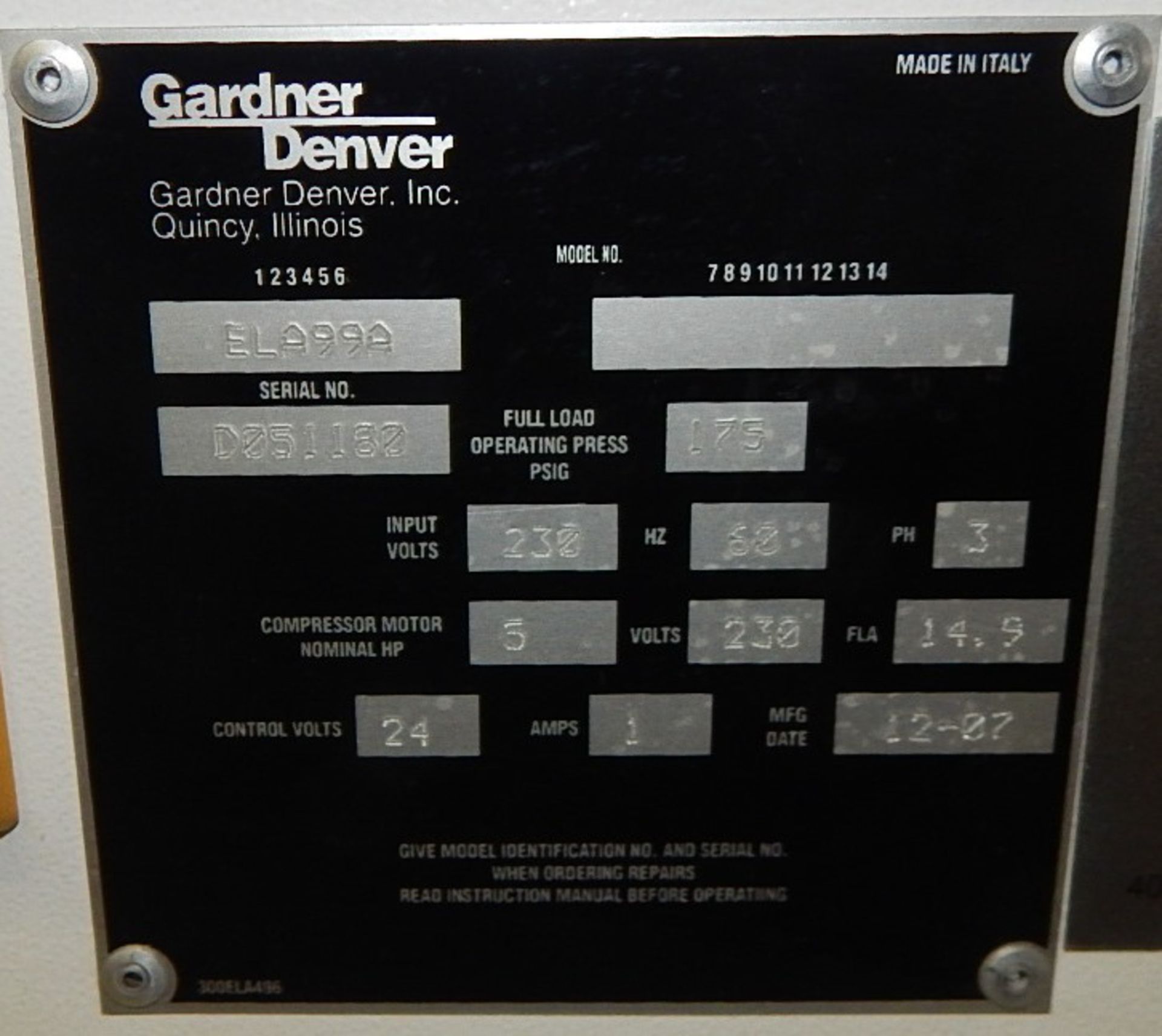 GARDNER DENVER (2007) ENDURAIR ELA99A TANK-MOUNTED ROTARY SCREW AIR COMPRESSOR WITH 5 HP, 175 PSI, - Image 6 of 6