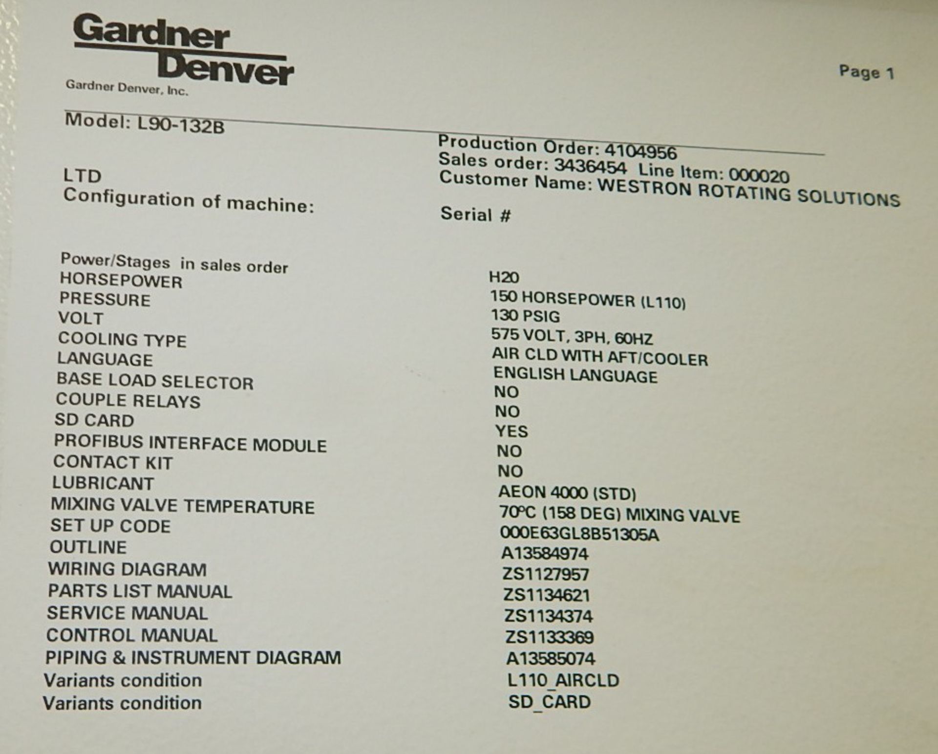 GARDNER DENVER (2017) L90-132B ROTARY SCREW AIR COMPRESSOR WITH 150 HP, 130 PSI, 2482 RPM, S/N: - Image 9 of 9