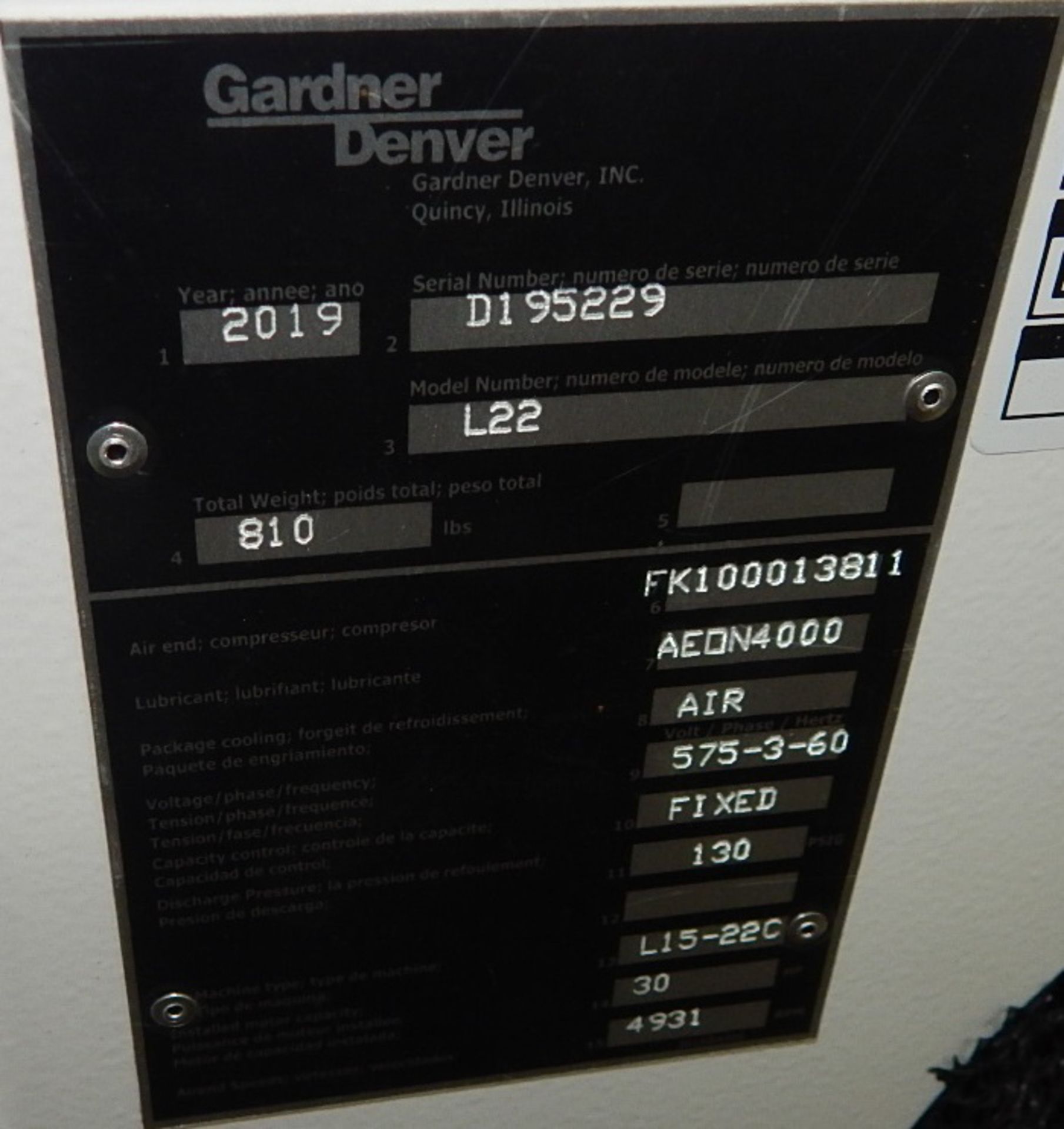 GARDNER DENVER (2019) L22 ROTARY SCREW AIR COMPRESSOR WITH 30 HP, 130 PSI, S/N: D195229 (CI) [SKU - Image 4 of 4