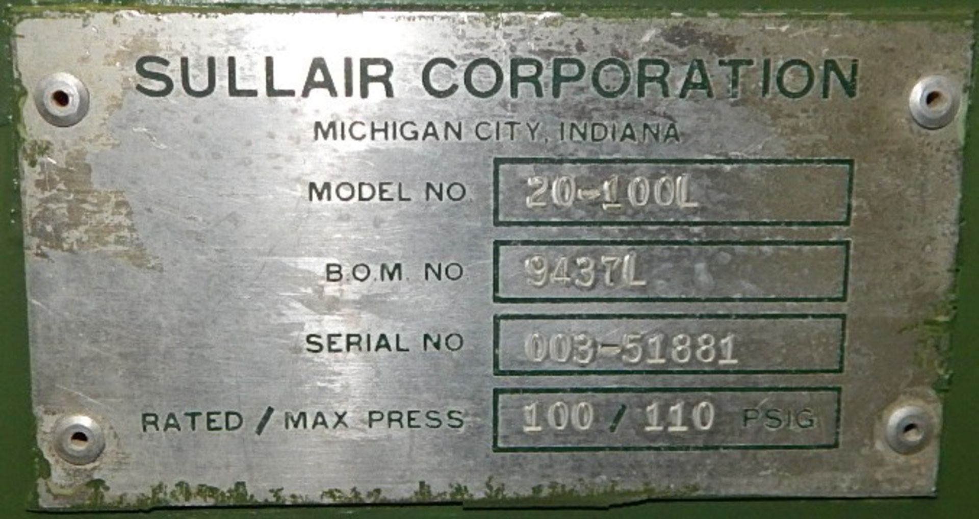 SULLAIR 20-100L ROTARY SCREW AIR COMPRESSOR WITH 100 HP, 100/110 PSI, 6443 HRS (RECORDED AT TIME - Image 6 of 6