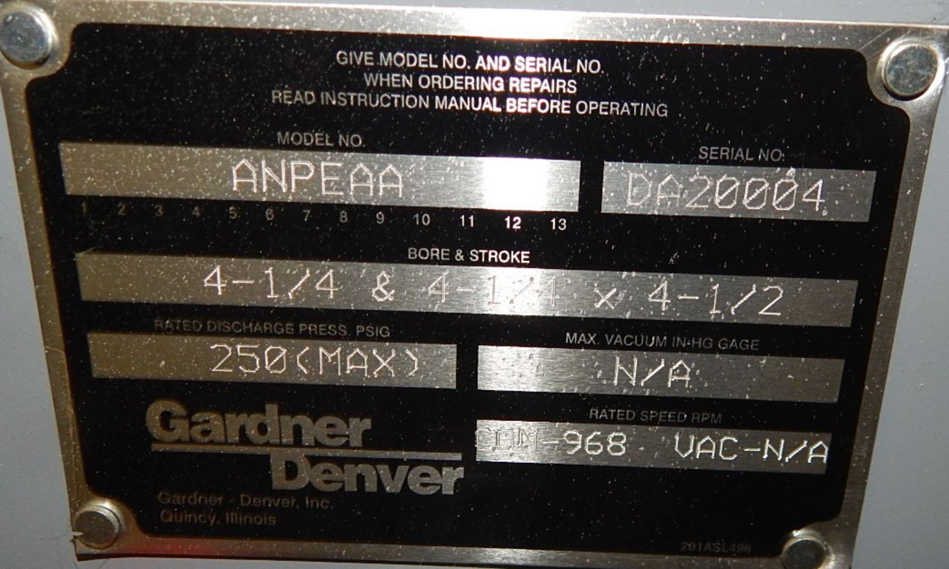 GARDNER DENVER ANPEAA NATURAL GAS COMPRESSOR WITH 250 PSI, 4.25 & 4.25X4.50 BORE AND STROKE, S/N: - Image 5 of 5