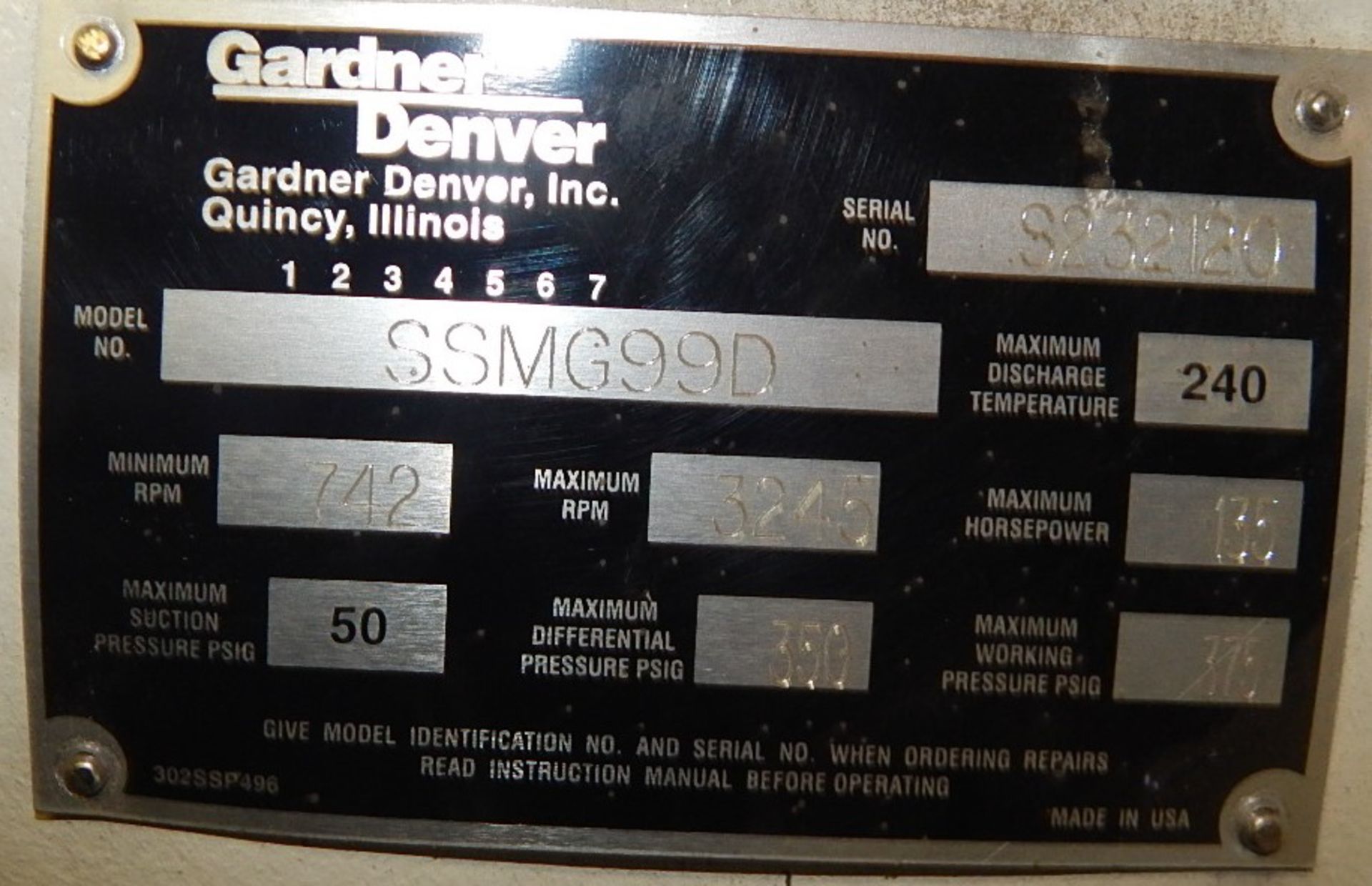 GARDNER DENVER SSMG99D GAS SCREW COMPRESSOR WITH 135 HP, 3245 MAX. RPM, 375 PSI (CI) [SKU 2016] ( - Image 4 of 4