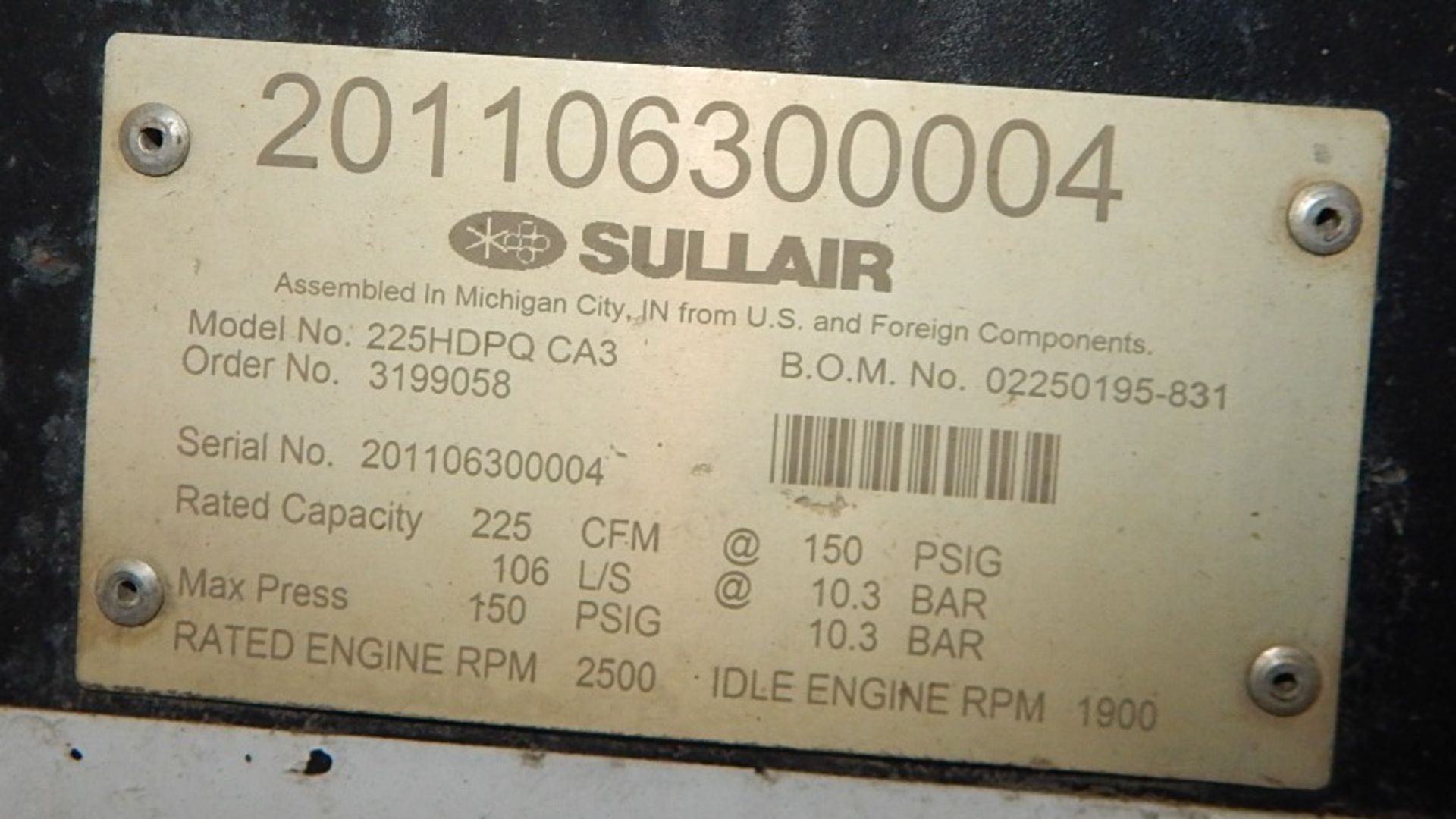 SULLAIR 225H SINGLE AXLE TOW-BEHIND ROTARY SCREW AIR COMPRESSOR WITH 225 CFM, 150 PSIG, CAT C3.4 - Image 7 of 7