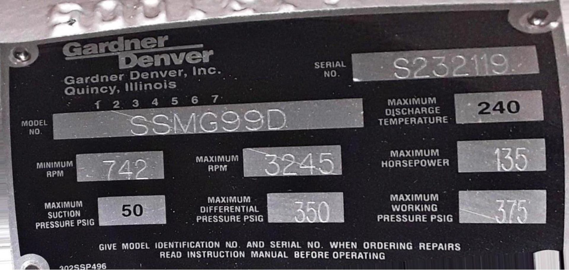 GARDNER DENVER SSMG99D GAS COMPRESSOR WITH 135 MAX. HP, 3245 MAX. RPM, S/N: S232119 (CI) [SKU - Image 3 of 3
