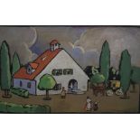 Claud Lovat Fraser (1890-1921) Watercolour and gouache "Village Scene circa 1918", 15cm x 24cm