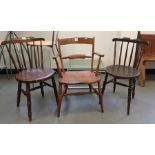 Elm seated Oxford barback carver chair and three spindleback chairs (4)