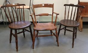 Elm seated Oxford barback carver chair and three spindleback chairs (4)